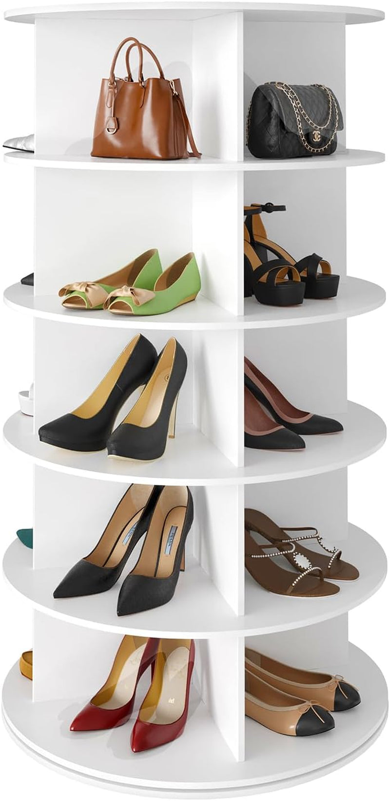 Close-up of middle tiers displaying handbags and several pairs of heels on a white finish.