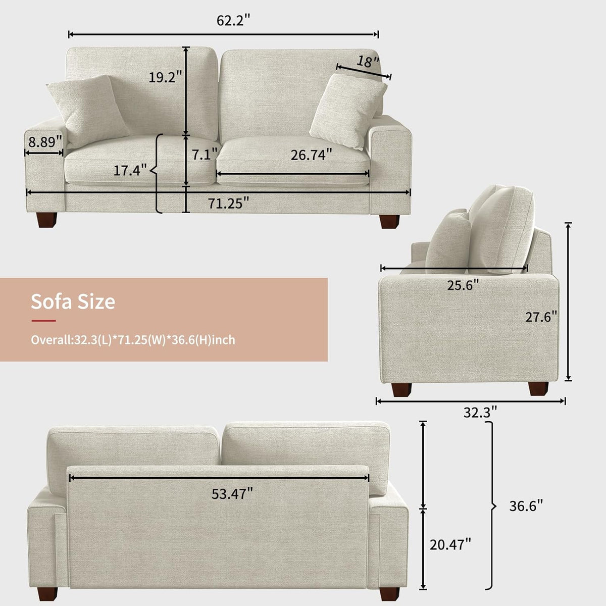 Dimension diagram for the 3-seat sofa showing front, side and rear measurements in inches