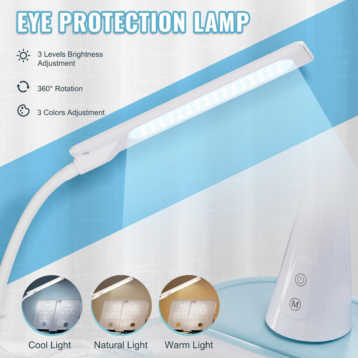 Close-up of a white adjustable LED desk lamp head and conical base with touch buttons on a blue-and-white background.