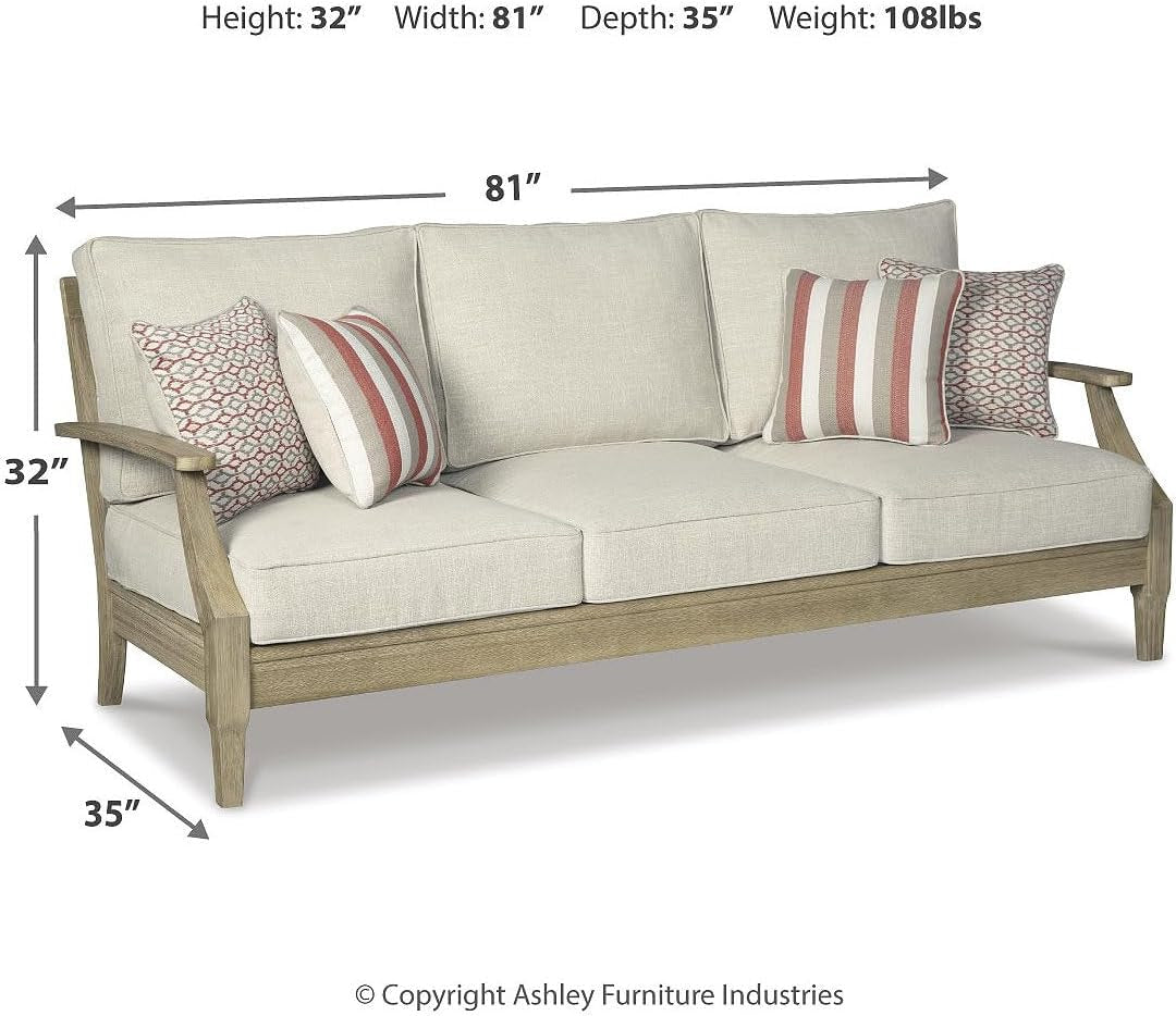 Beige three-seat outdoor sofa with dimensions overlay showing 81" width 35" depth and 32" height