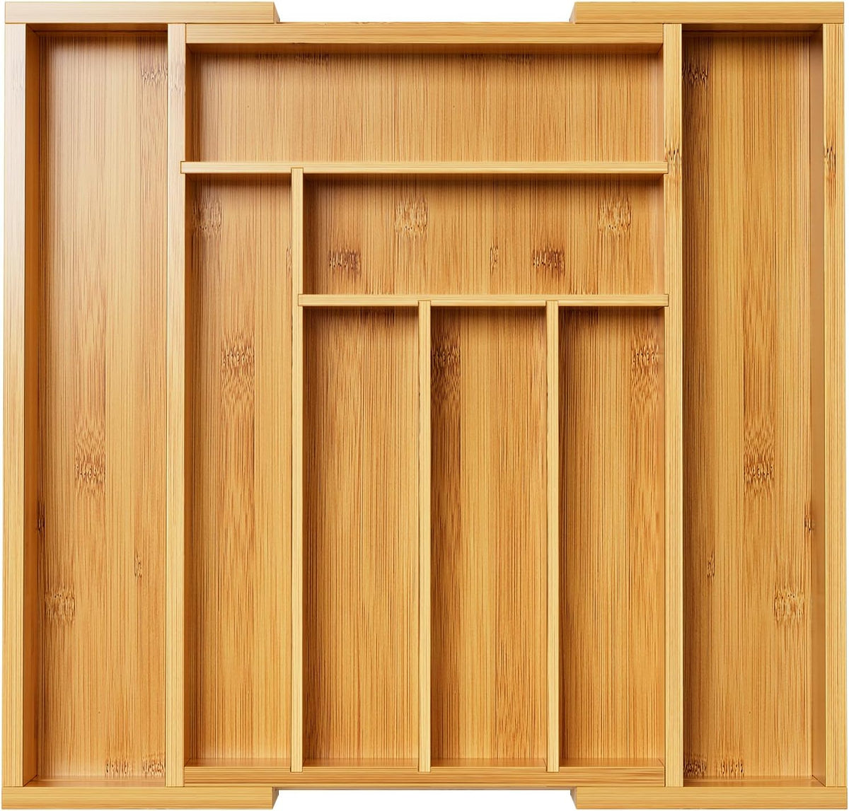 Flat top-down view of a bamboo utensil drawer organizer with natural grain and multiple dividers.