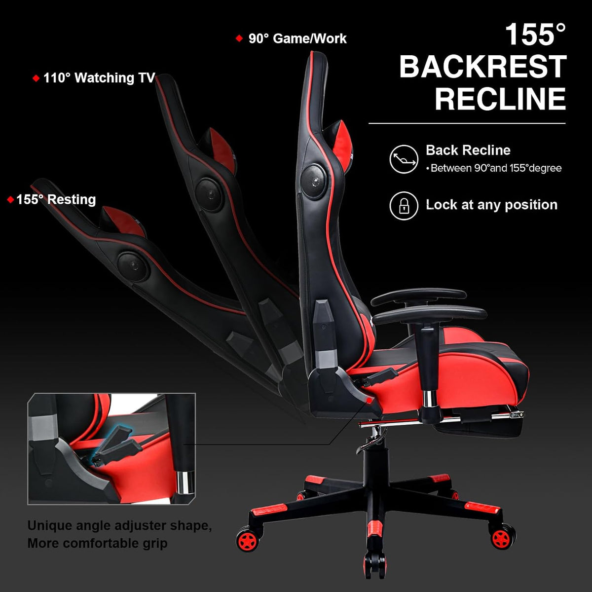 Side view sequence showing the chair reclining through positions from upright to fully reclined with footrest