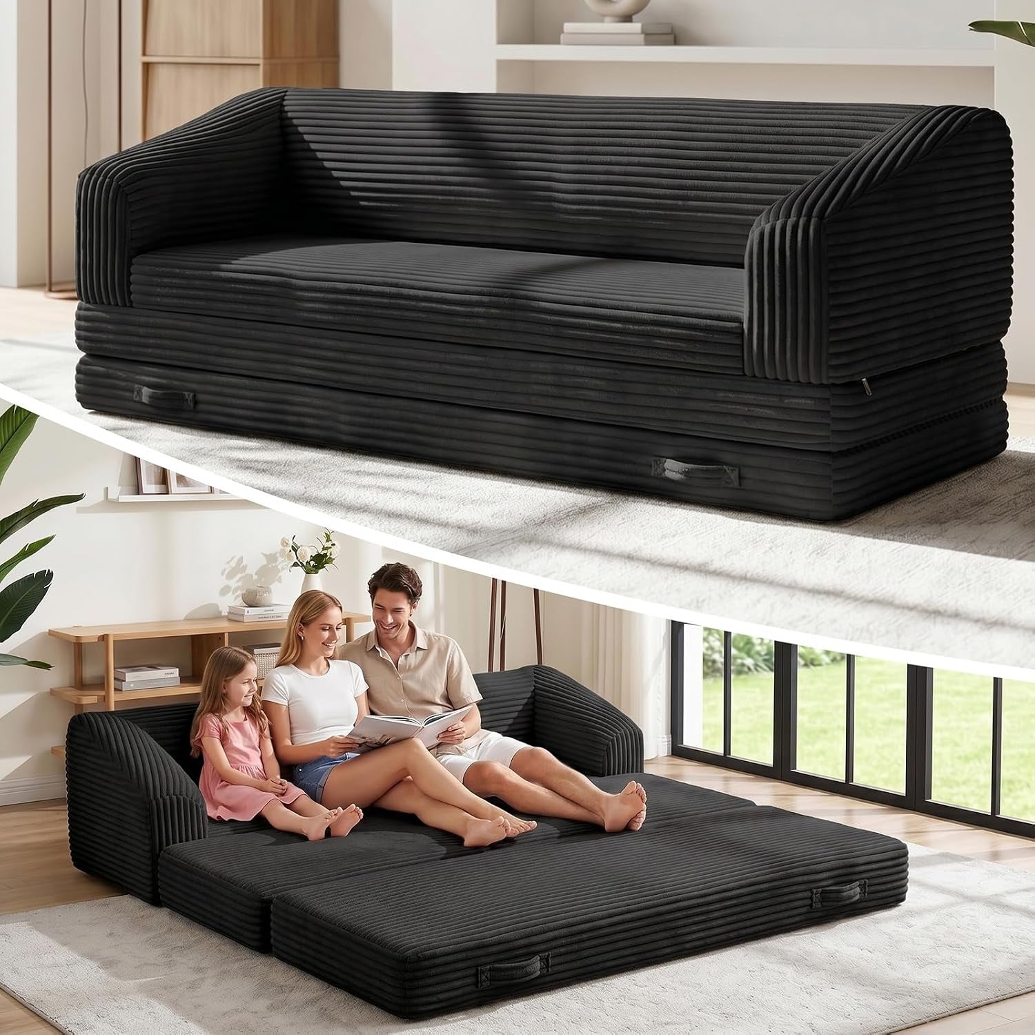 Black corduroy sofa turned into a floor bed with a family sitting together on the mattress in a sunlit living room.