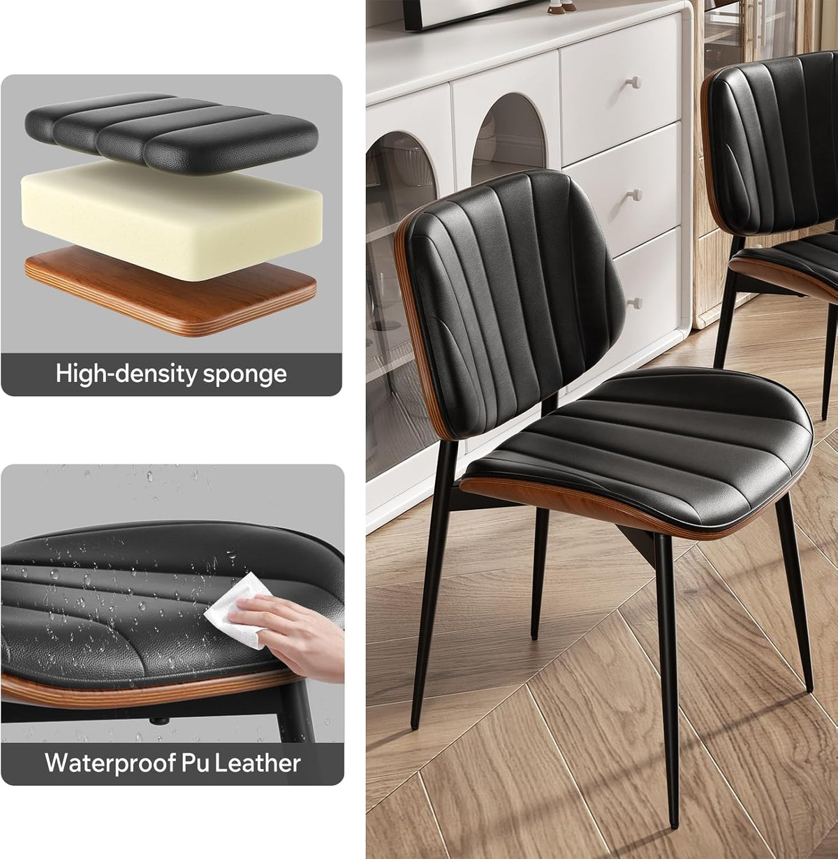 Close-up of chair seat edge and plywood trim with a hand wiping the waterproof PU leather surface