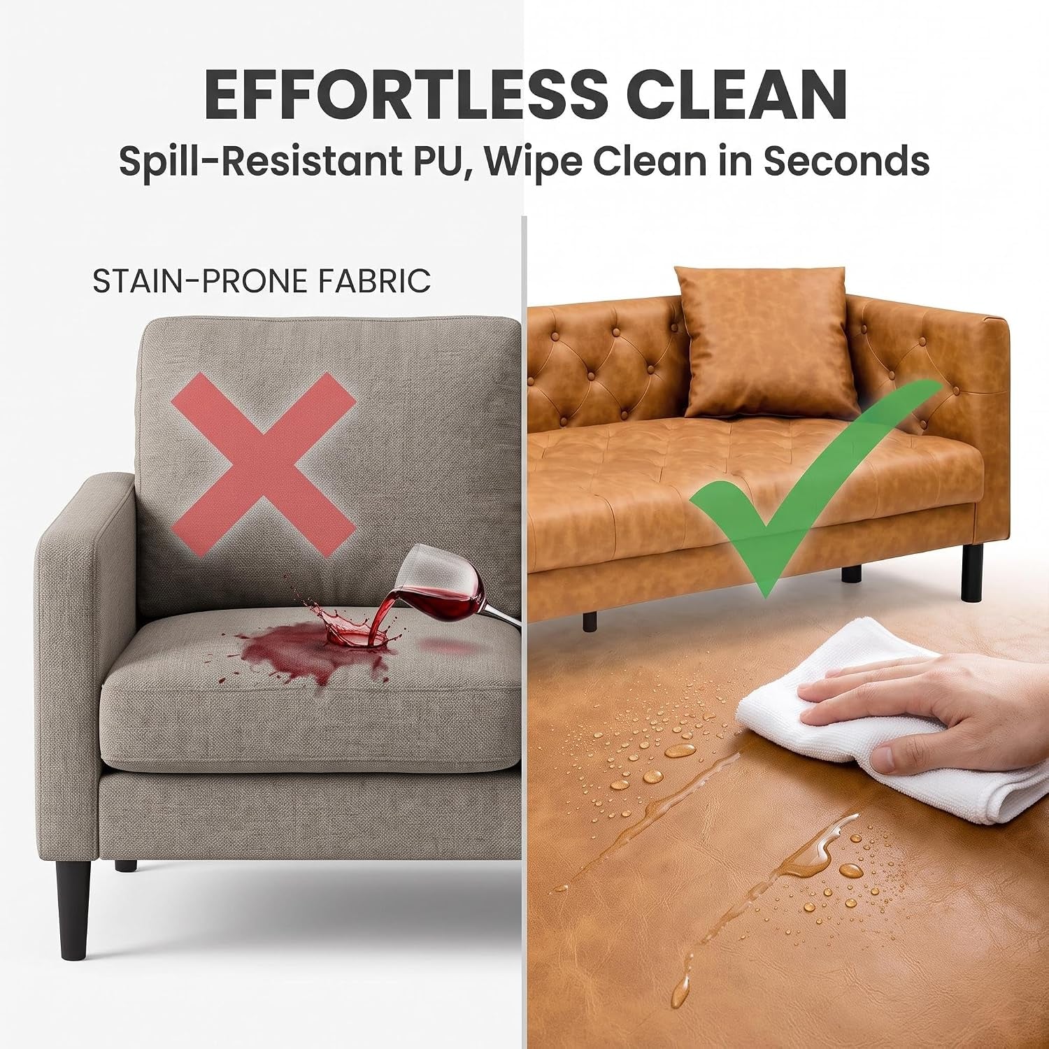 Split image: left shows a fabric chair stained by spilled wine; right shows tan leather sofa with water beading and a hand