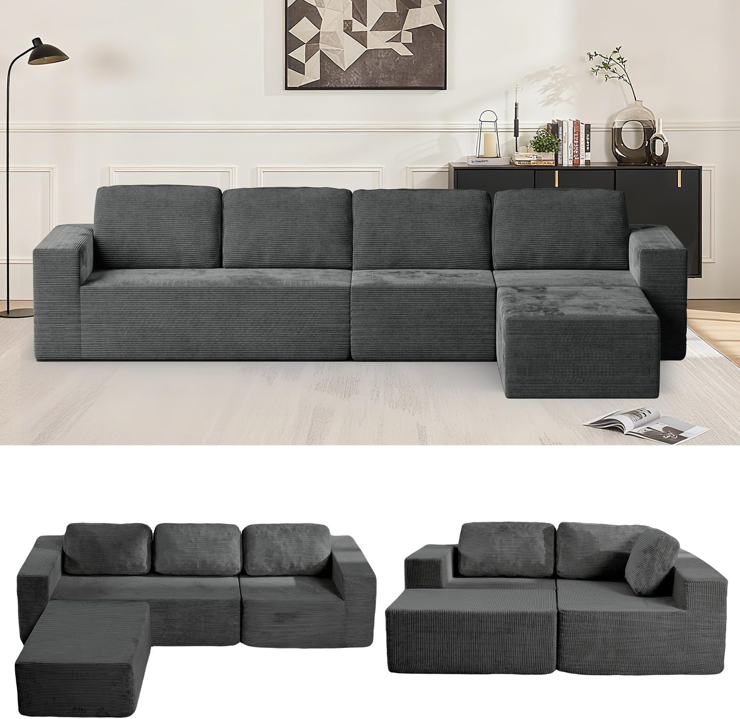 Furnify 136" Cloud Sectional Couch, Left/Right Facing Convertible Sofa with Deep Seat, L-Shape Modular Upholstered Foam Couch for Living Room Bedroom, No Assembly Required (Corduroy Fabric, Beige)