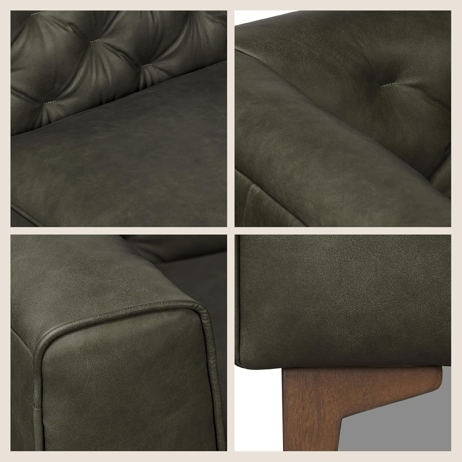 Poly & BARK Essex 89” Full-Grain Italian Leather Sofa – Tufted Back, Feather-Down Comfort, Solid Wood Frame, Olivine Green