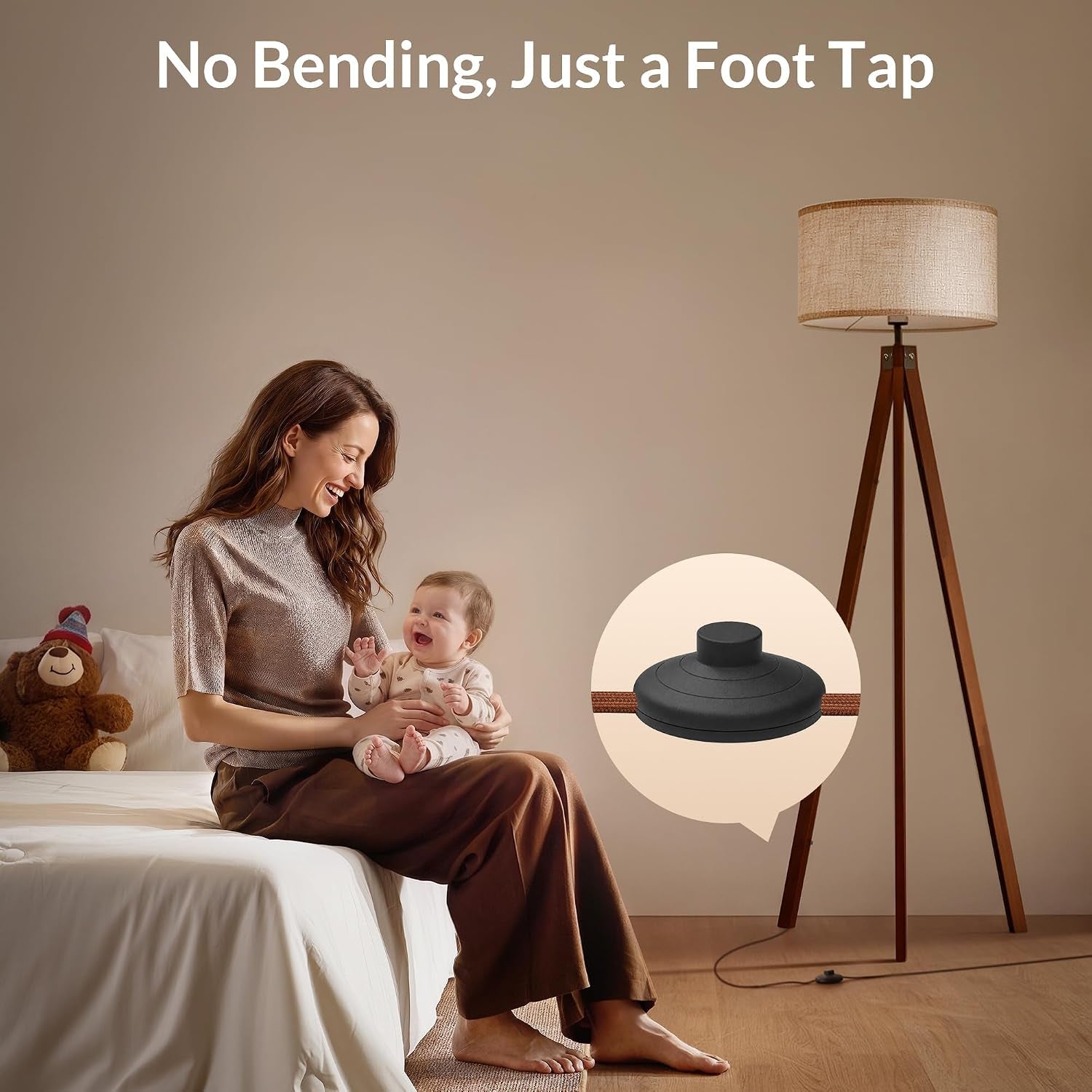 A woman sits on a bed holding a baby next to a lit tripod floor lamp; inset shows a round foot-tap switch on the lamp's cord.