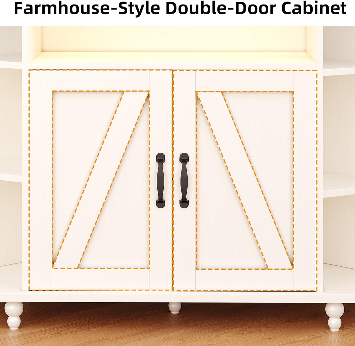 Close-up of the white double doors showing X-style trim, black handles, turned feet and orange dashed outline.