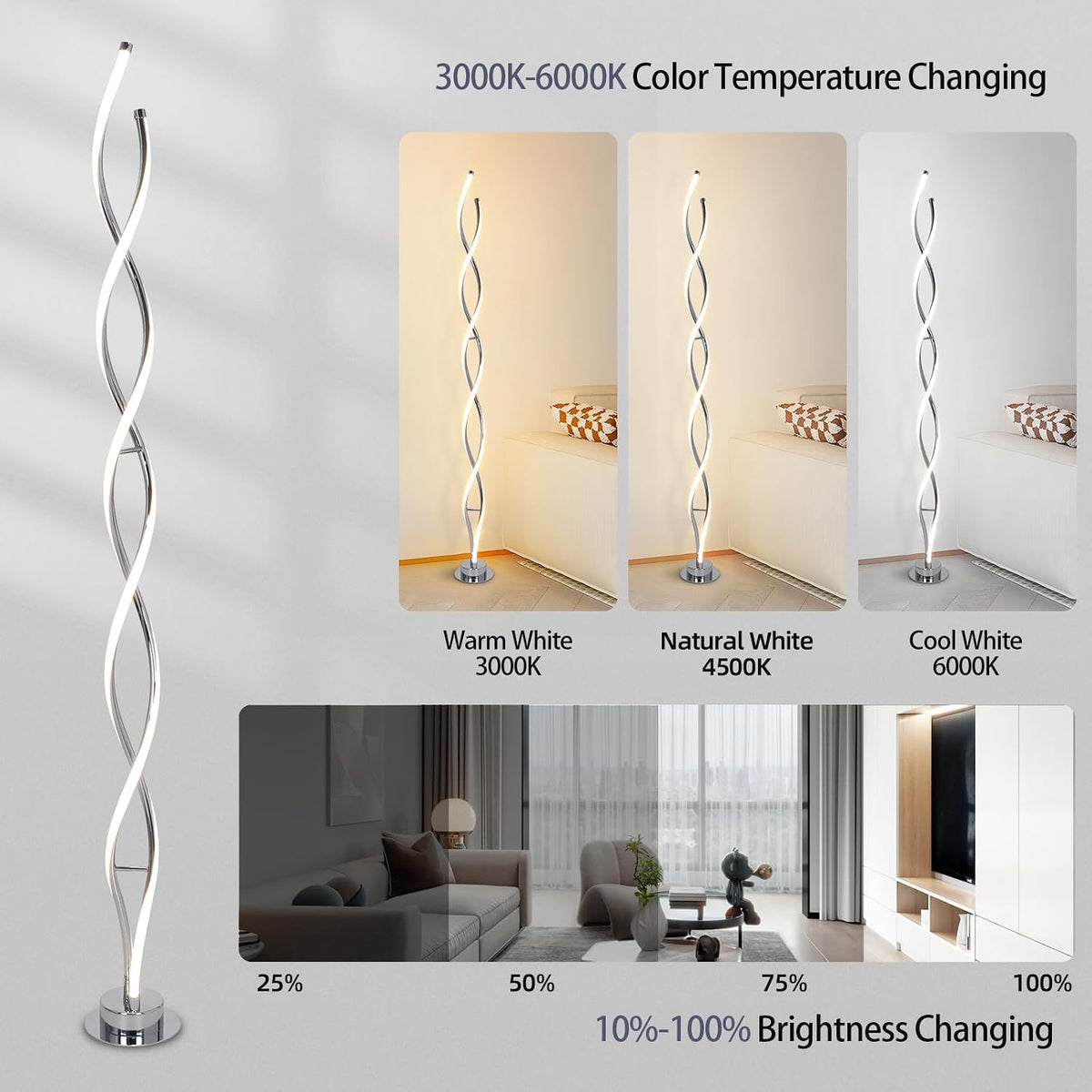 Spiral LED floor lamp showing warm, natural and cool white examples with a brightness percentage bar