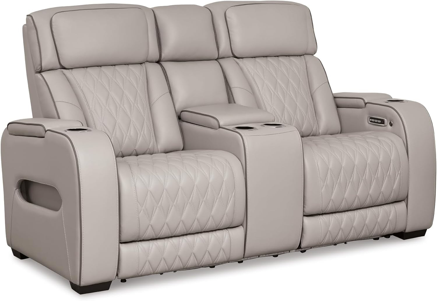 Front view of the same recliner sofa in light gray with quilted stitching and center console.