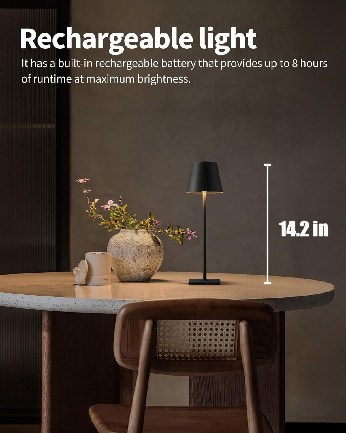 Single black table lamp on a dining table with a height callout graphic showing 14.2 inches