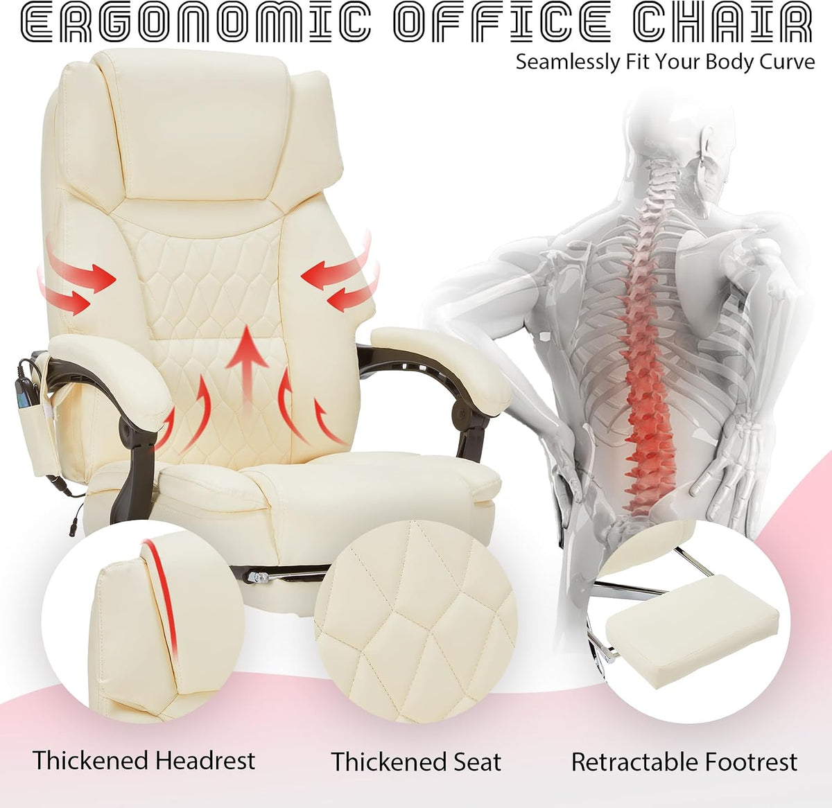 Cream chair three-quarter view with ergonomic spine graphic, thickened headrest and retractable footrest highlighted
