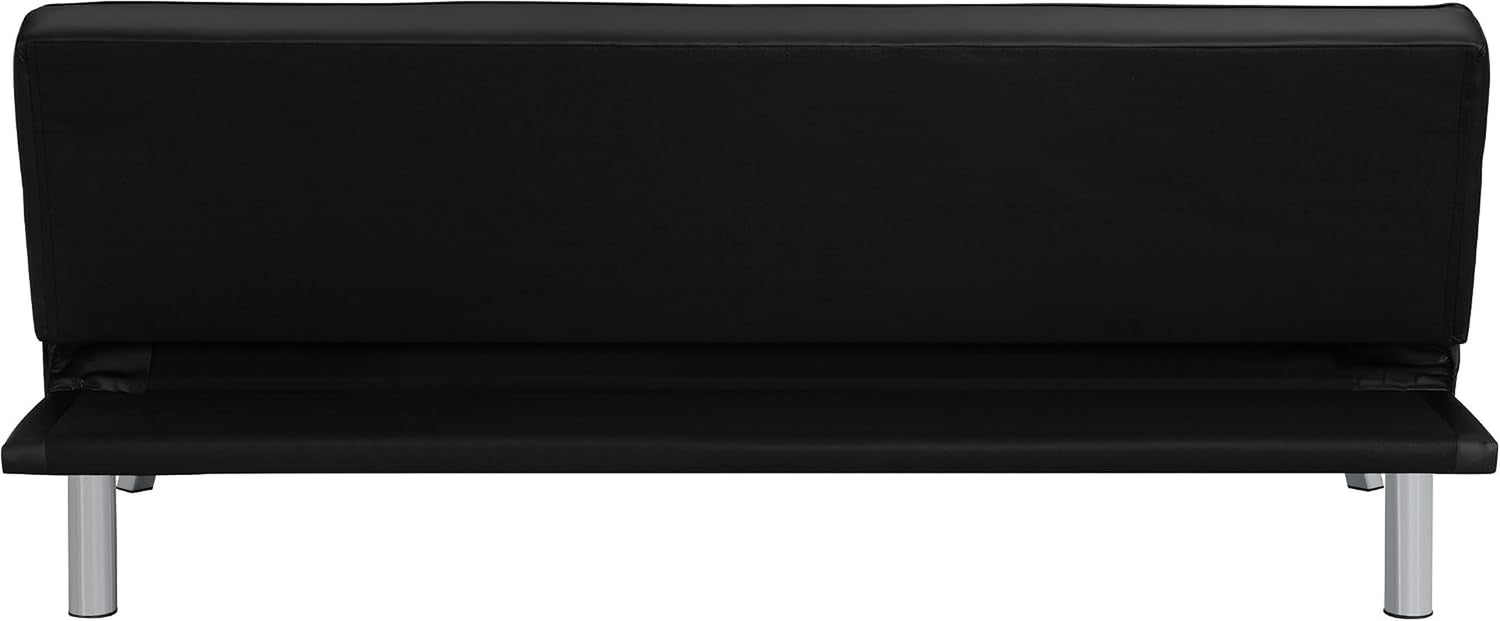 Rear view of the black futon sofa bed showing back panel and chrome legs from behind