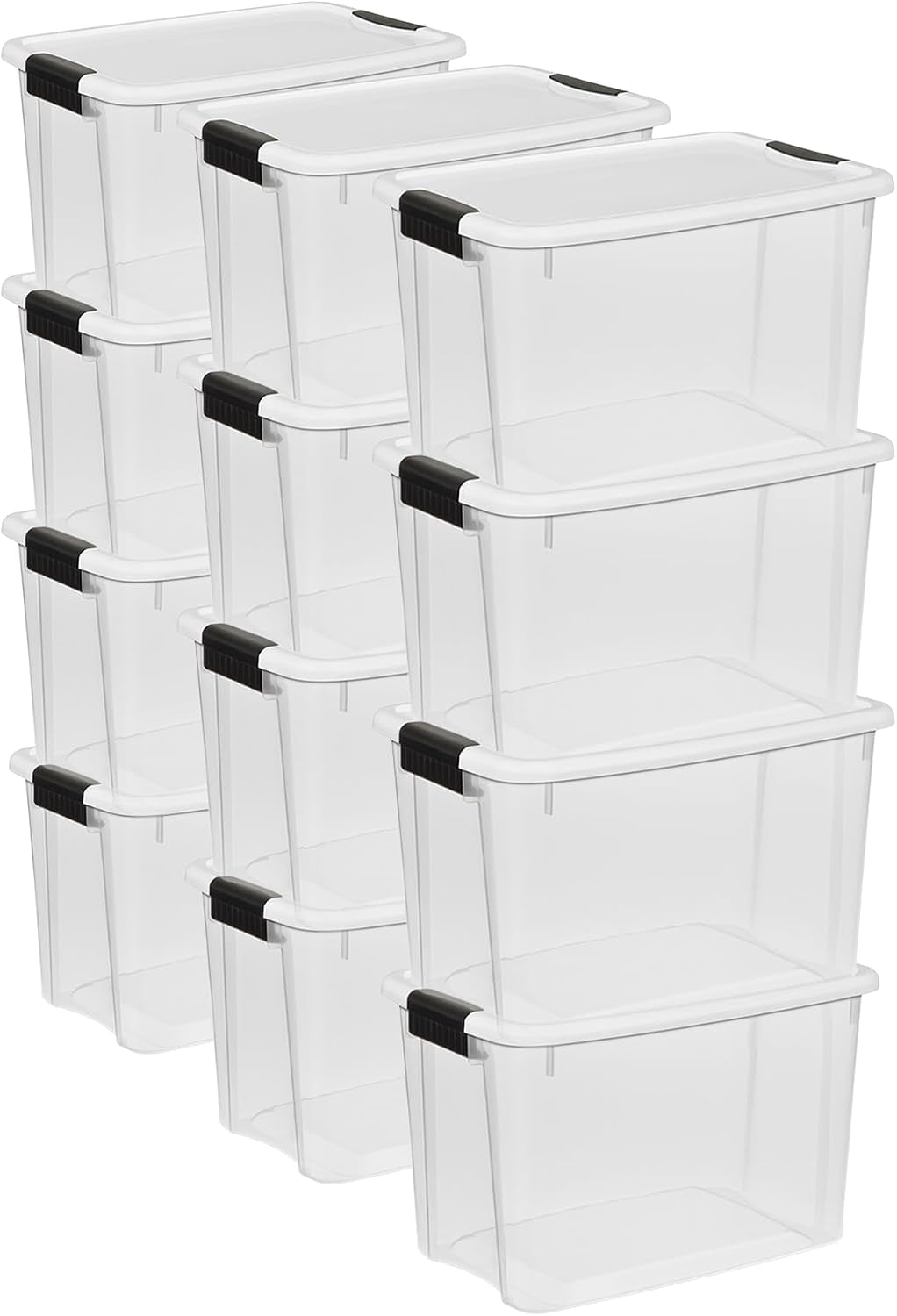Three clear plastic storage containers pictured in front of three more, all with white lids and black latches