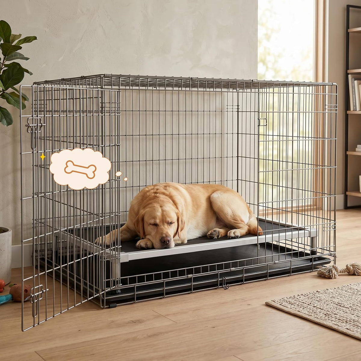 Yellow Labrador resting on an elevated bed placed inside a standard wire crate in a living room setting