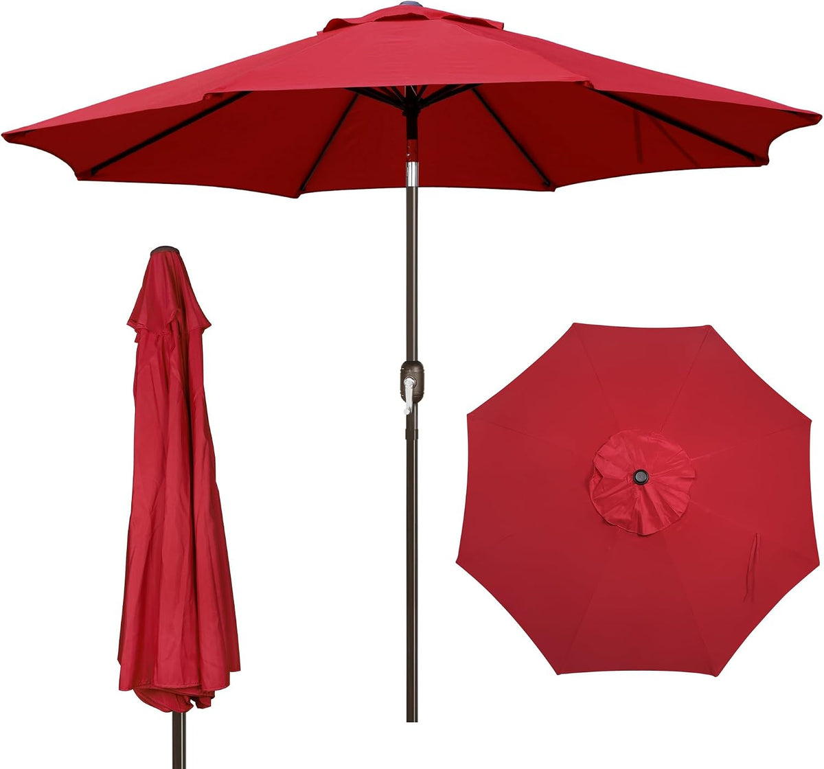 Red umbrella shown open on a pole, folded closed on the left, and a top-down view on the right.