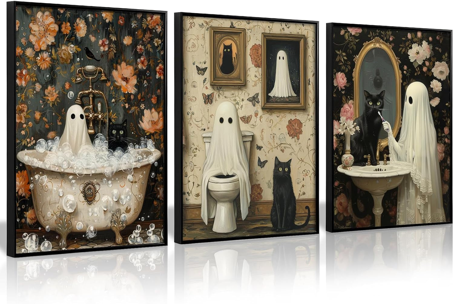 Three framed gothic-style panels featuring ghost figures, black cats, and ornate floral wallpaper scenes.