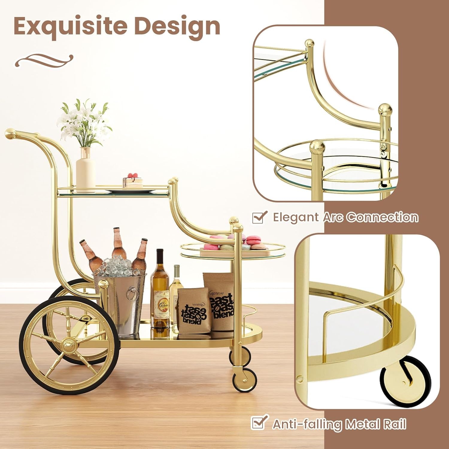 Gold bar cart side view collage highlighting the curved arc connections, spoked rear wheel and anti-falling metal shelf rail