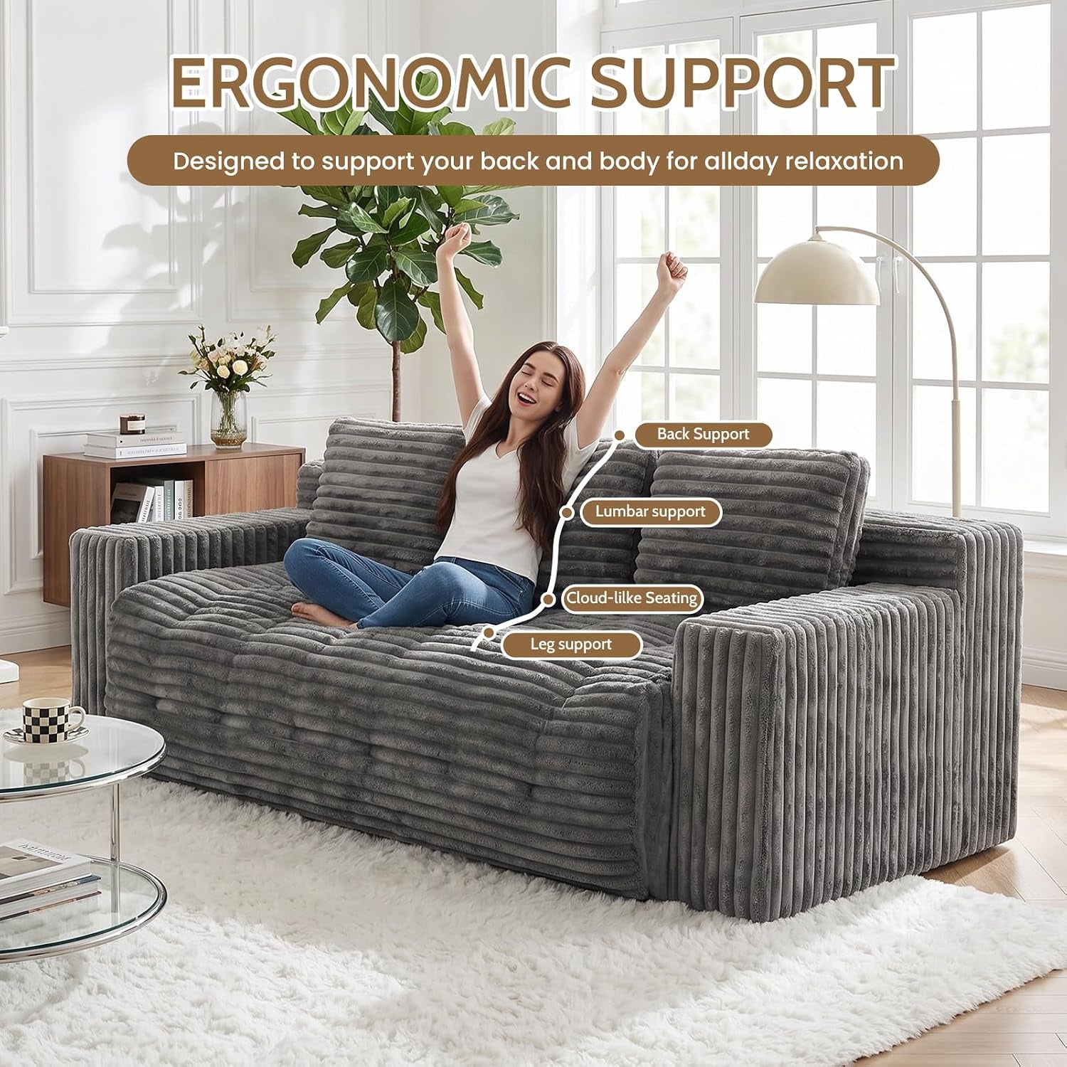 70” Boneless Couch, 3 Seater Sofa Couch with Extra Deep Seats 3 Pillows,Corduroy Modern Small Couch for Living Room, Office, Bedroom, Apartment,Grey