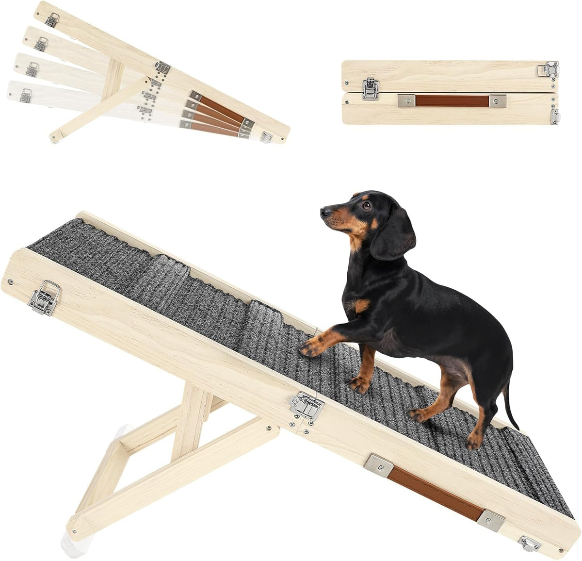 Natural-finish ramp shown from side with a black dachshund stepping up and folded-hinge insets above.