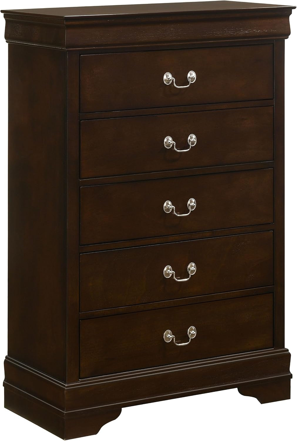 Angled front view of a five-drawer wooden chest in dark brown with silver bail pulls.