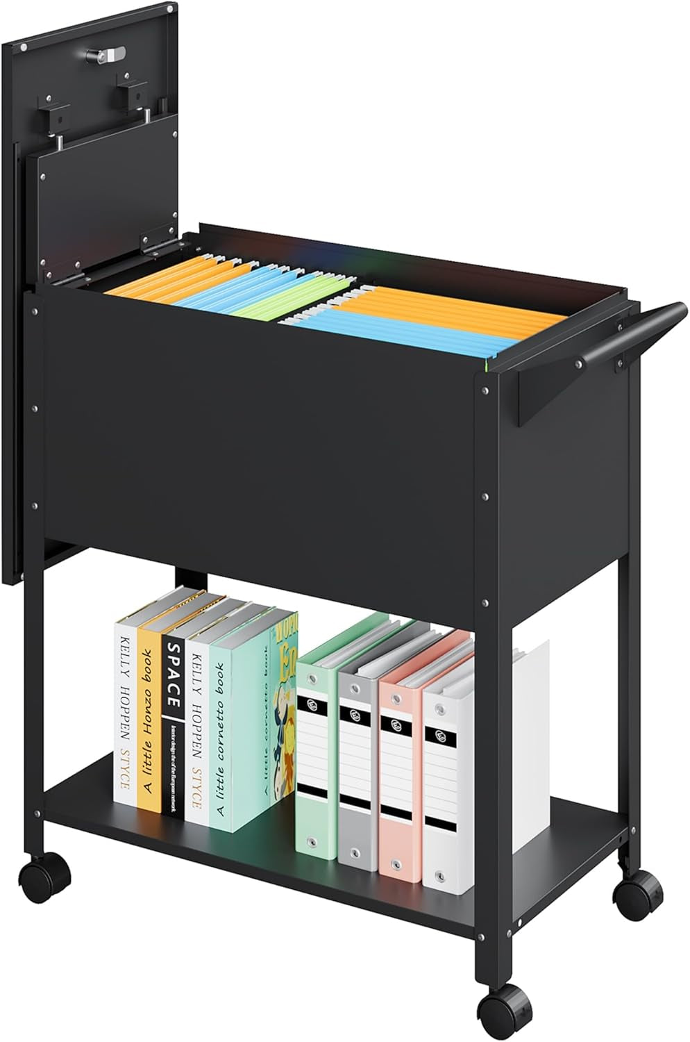 Black metal rolling file cart with lid open showing colorful hanging folders and lower shelf with books, angled front view