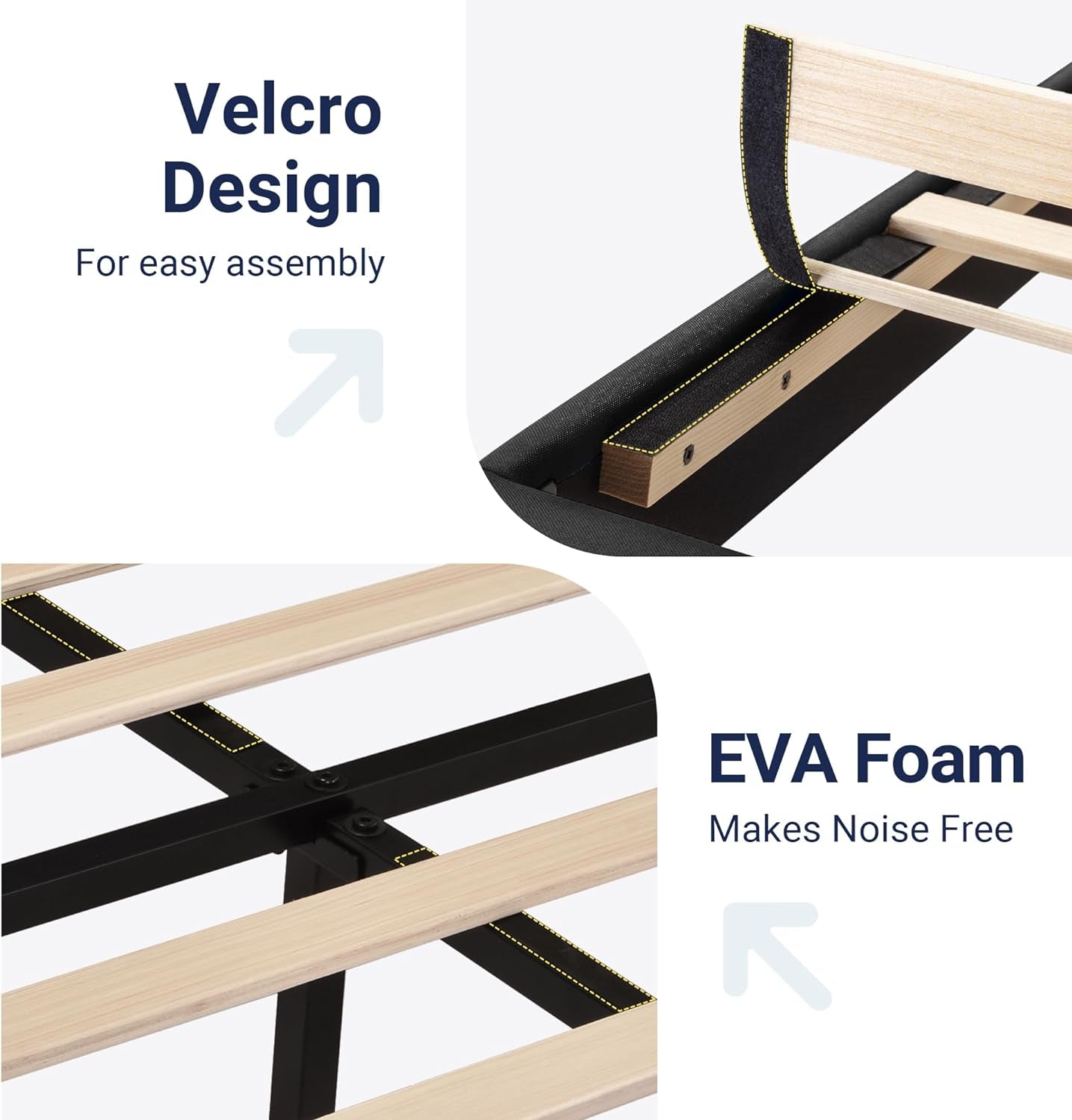 Split detail graphic showing hook-and-loop slat straps and foam strips on the bed support frame.