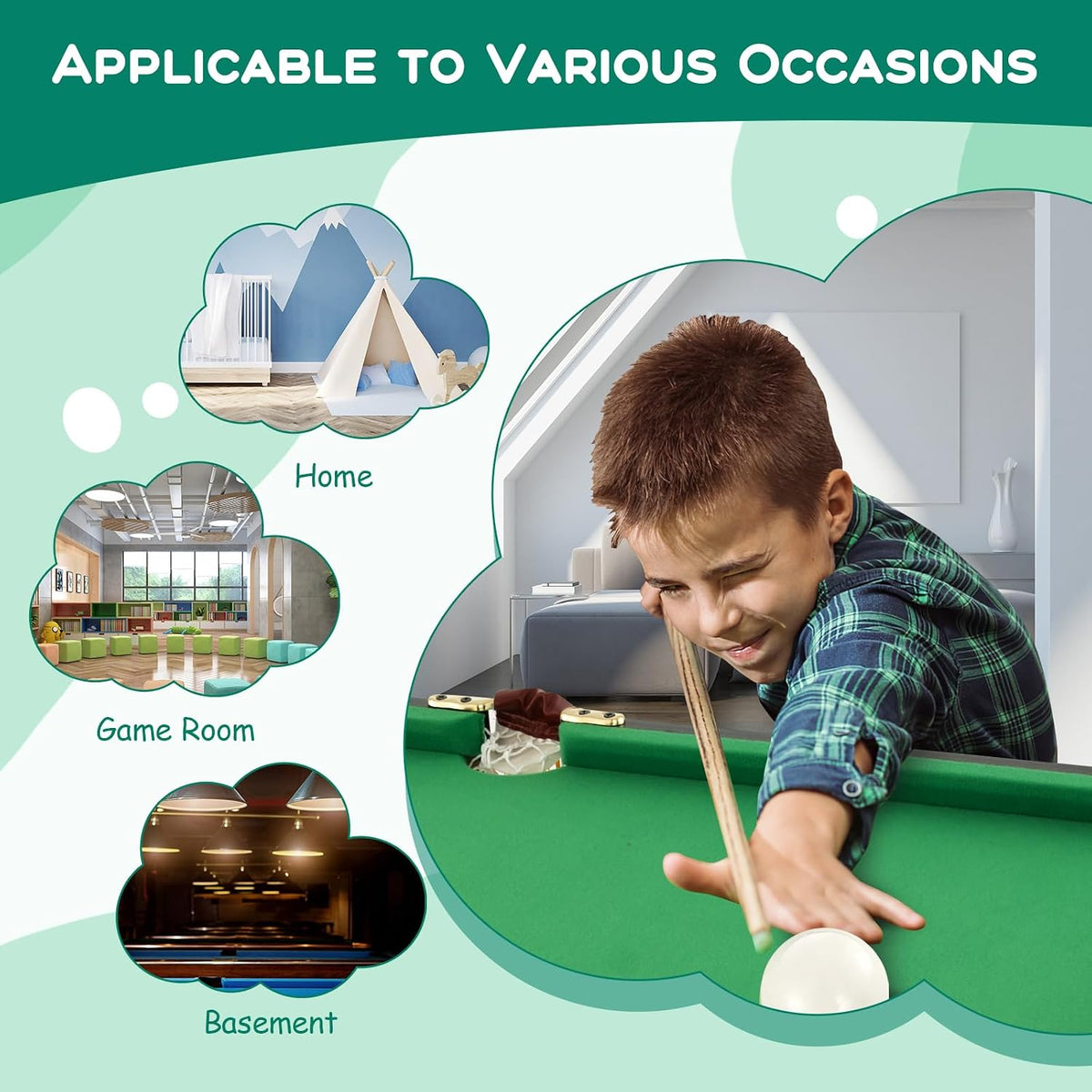 Boy concentrating as he lines up a shot on a pool table beside illustrated bubbles showing home, game room, basement.