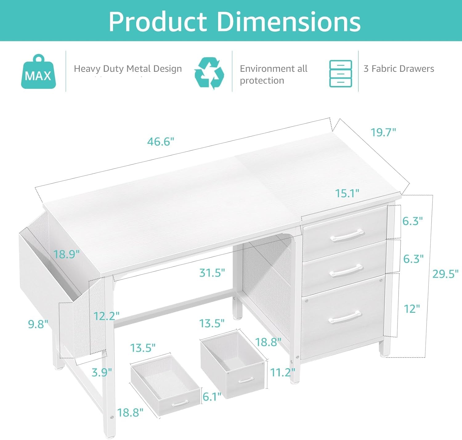 Technical diagram of the desk with dimensional callouts showing the top surface and drawer measurements