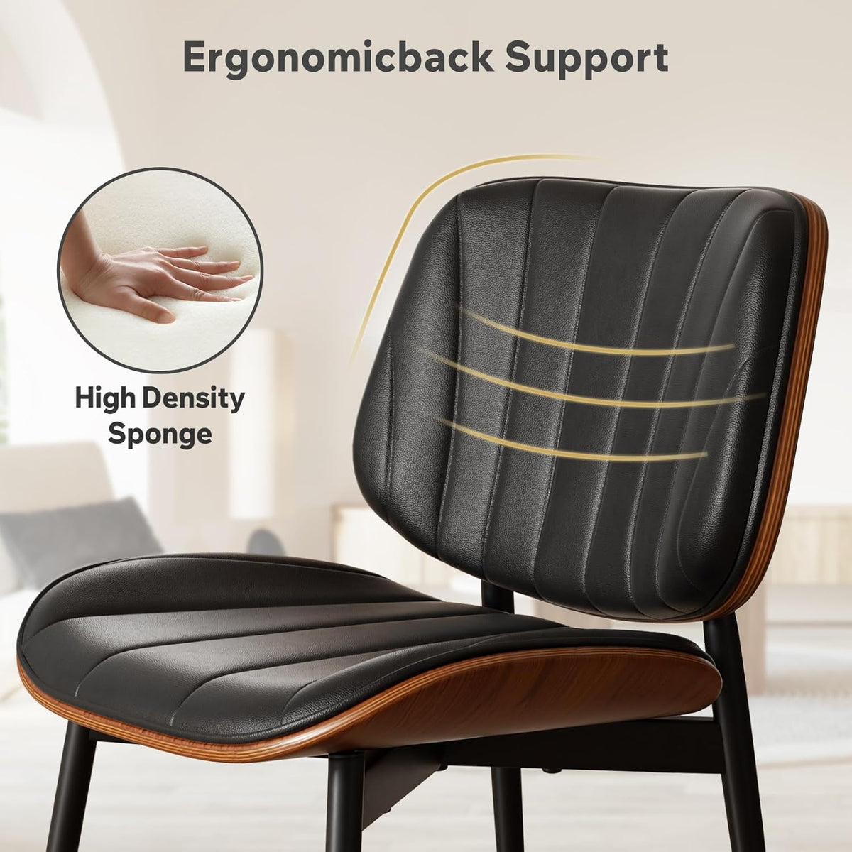 Close-up of chair back and seat showing stitched faux leather upholstery and high-density sponge padding