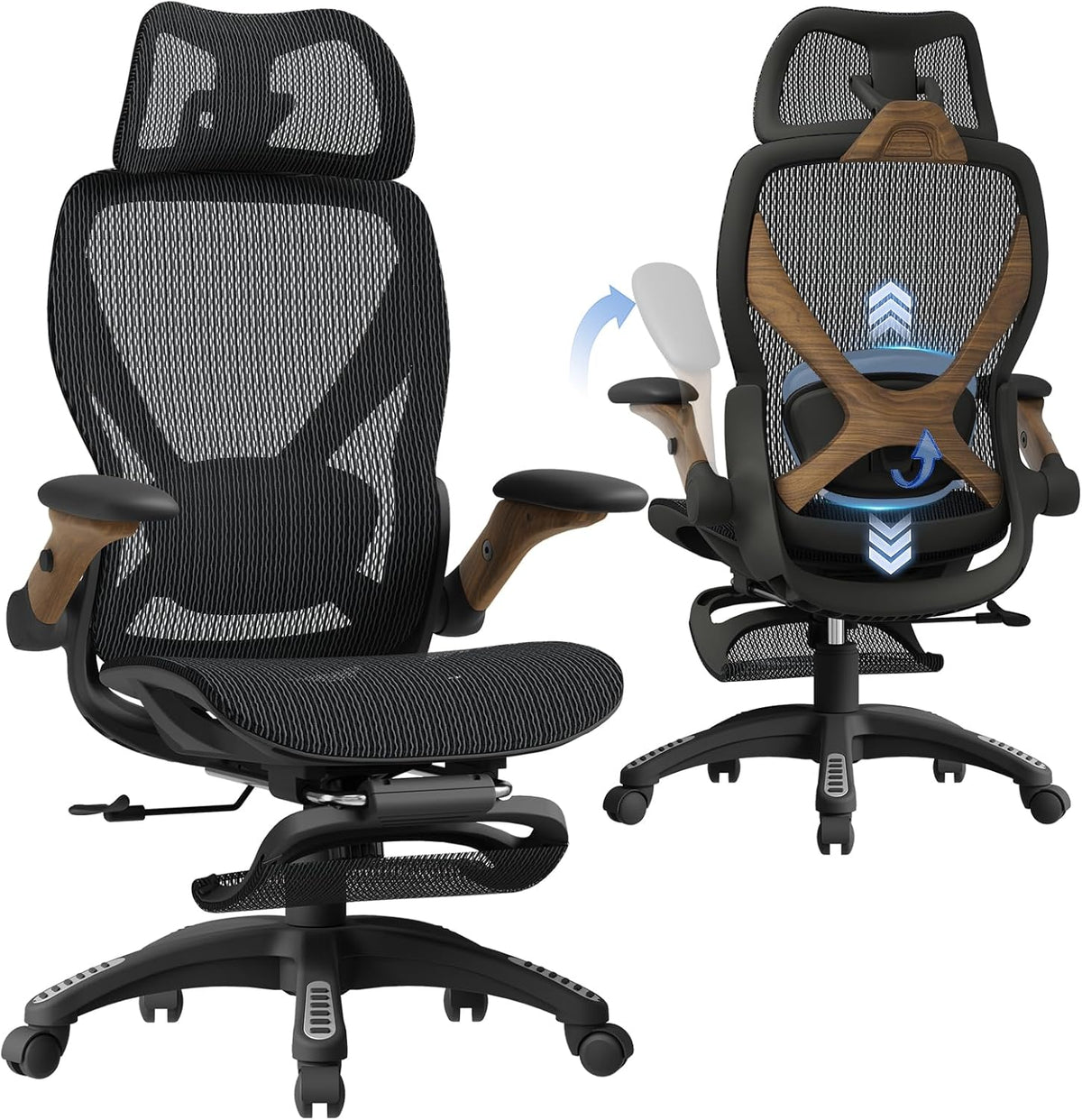 Black woven mesh office chair shown in left three-quarter front and right three-quarter rear views with wood-look arm panels.