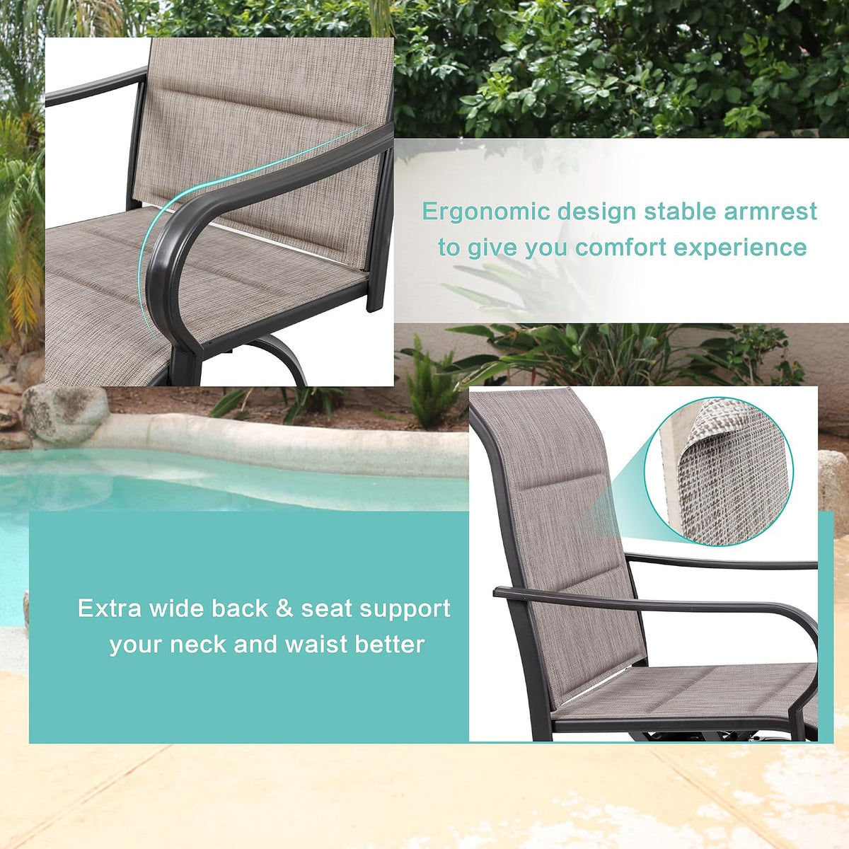 Close-up of taupe textured padded Textilene seat and curved metal armrest showing fabric and arm detail