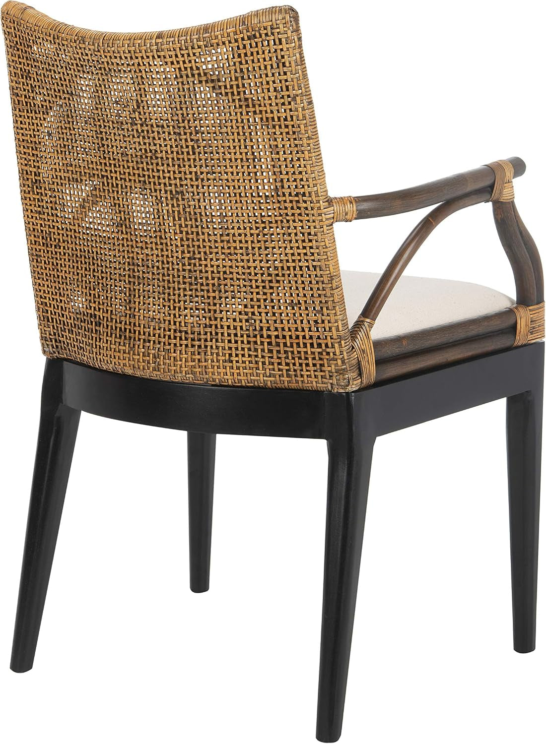 Three-quarter rear angle showing rattan back, wrapped arm joints and black wooden frame.