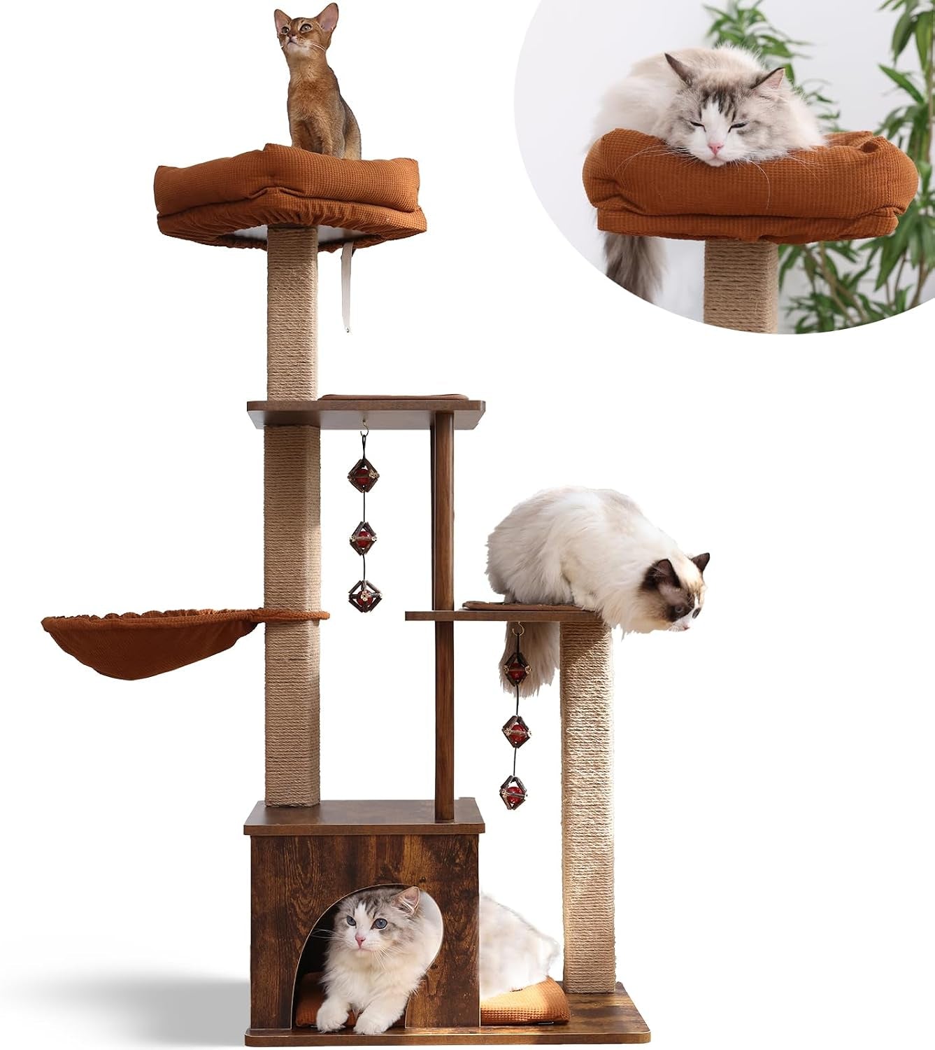 Brown 4-tier cat tree with semi-enclosed condo, hammock and top cushion, front view with cats on perches