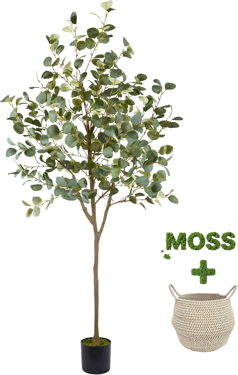 6 ft artificial eucalyptus tree with black pot and separate woven basket on a white studio background