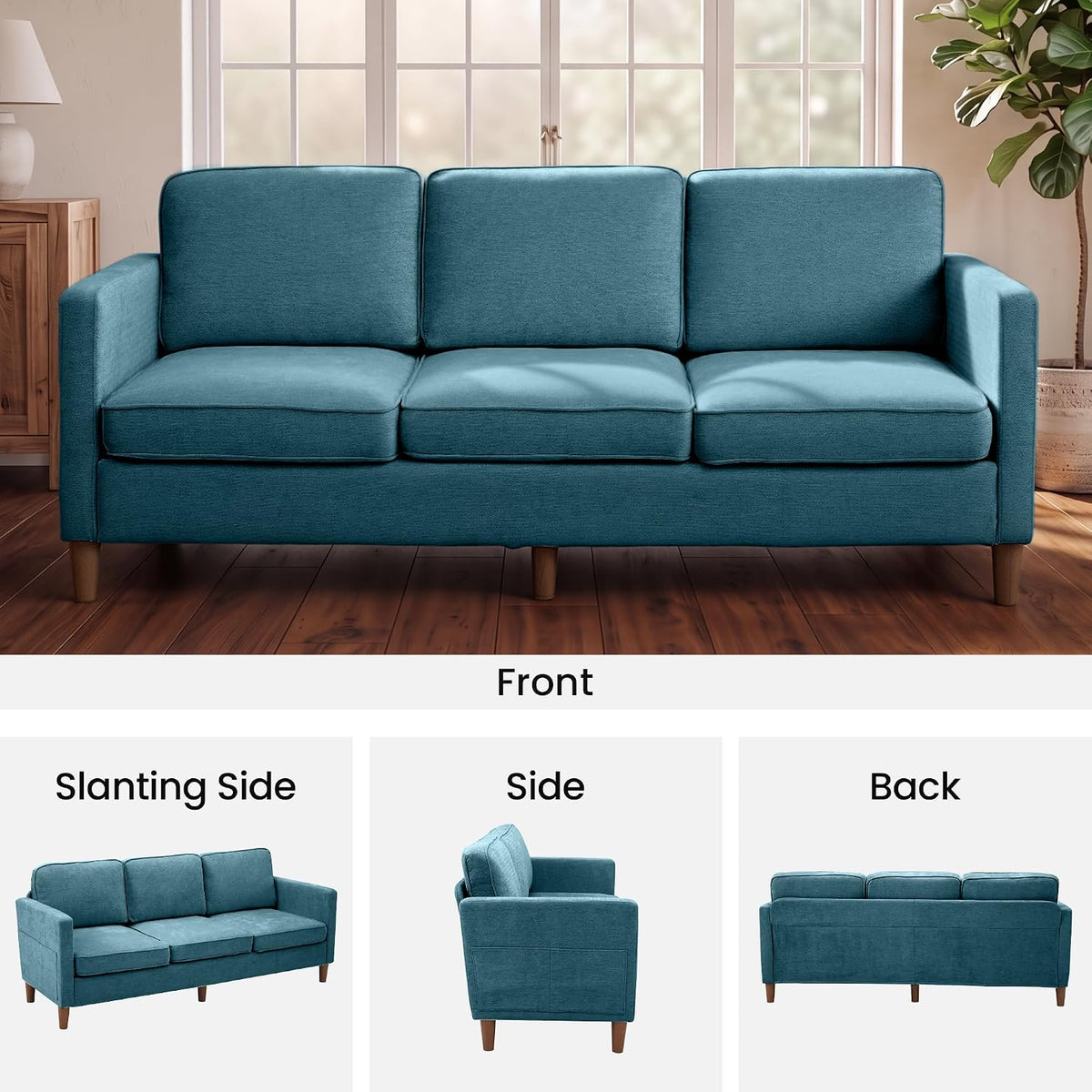 Front-facing teal three-seat sofa with wooden legs and three back cushions in a bright room