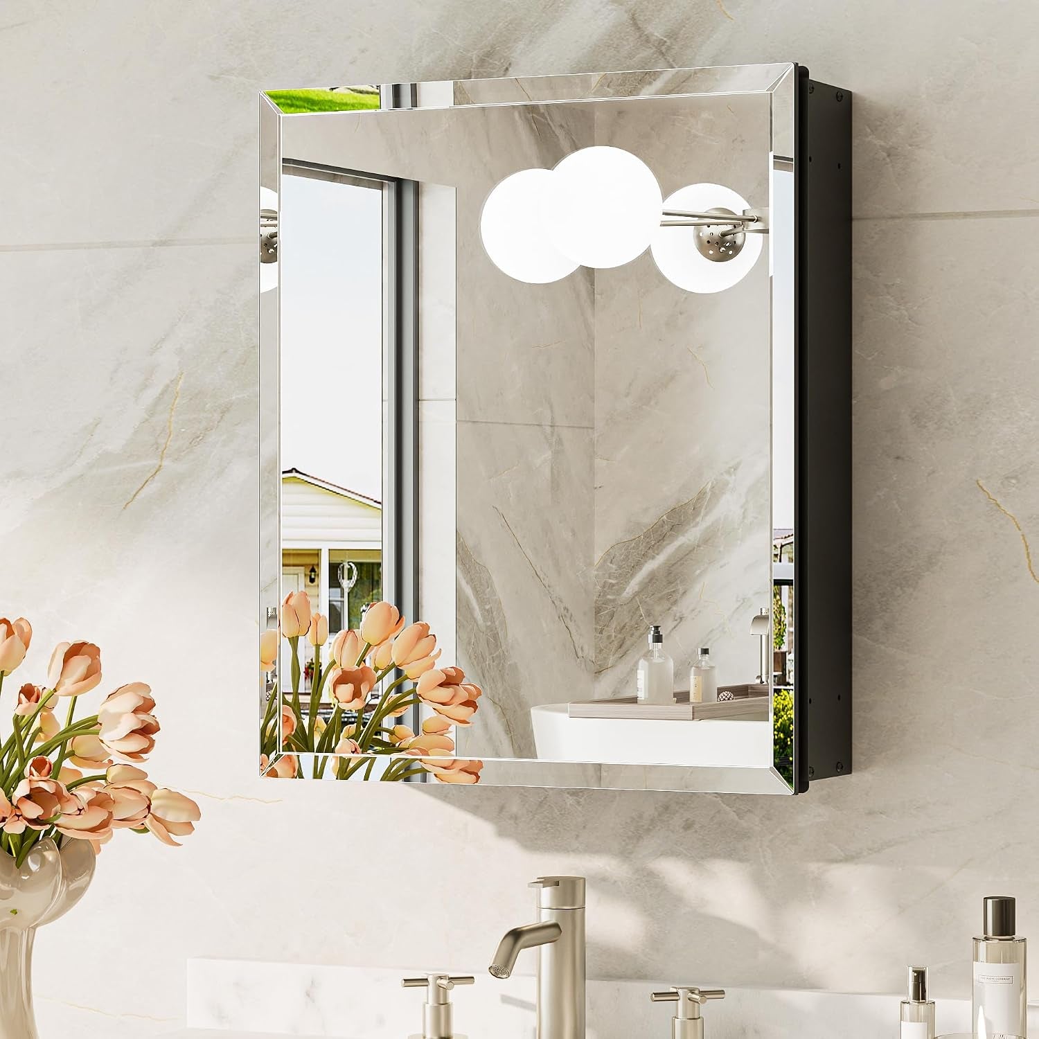 Close side view of a single mirrored medicine cabinet showing its black recessed box and beveled mirror edge.