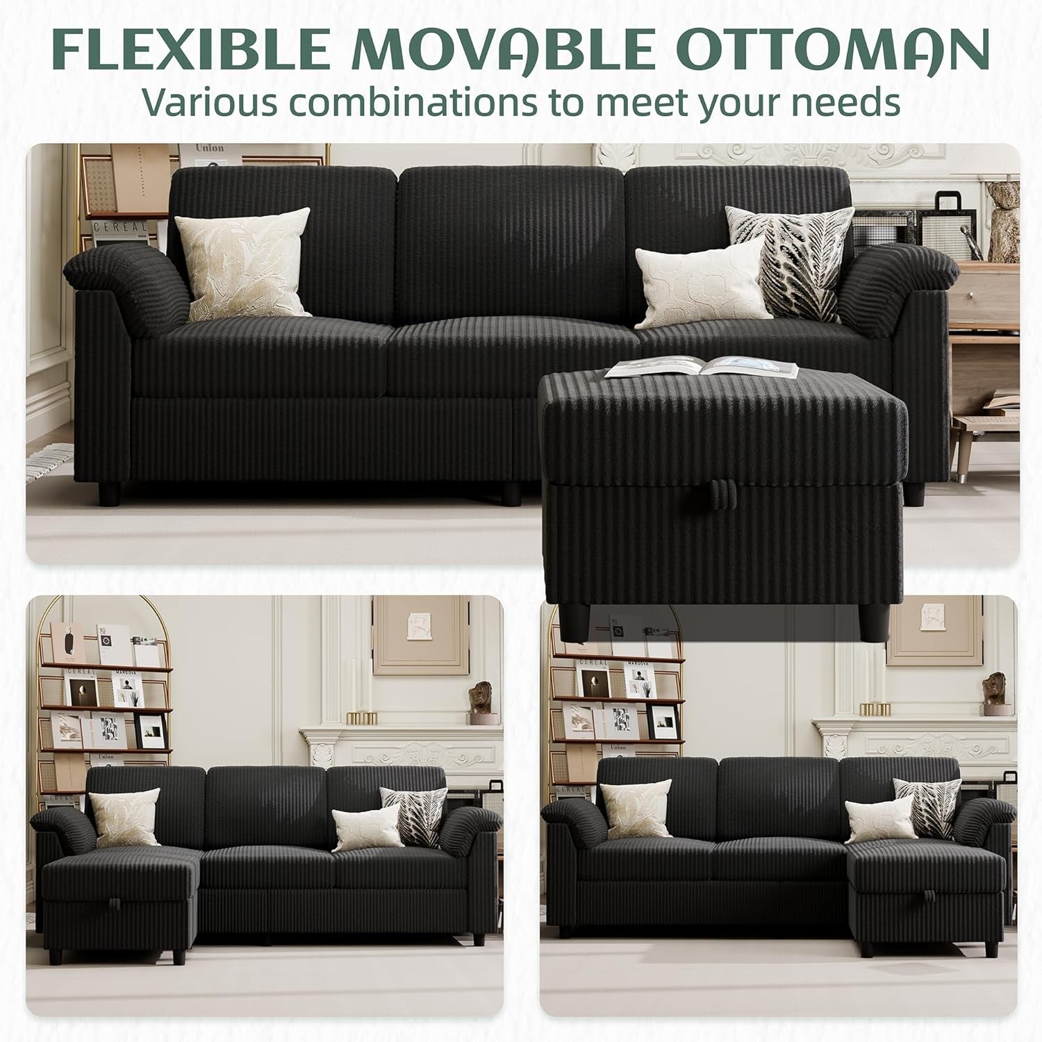 Convertible Sectional Couches, 3 Seat L Shaped Couch Sofa with Removable Pillows Soft Corduroy Fabric Small Couch Mid Century for Living Room, Apartment and Office (Black)