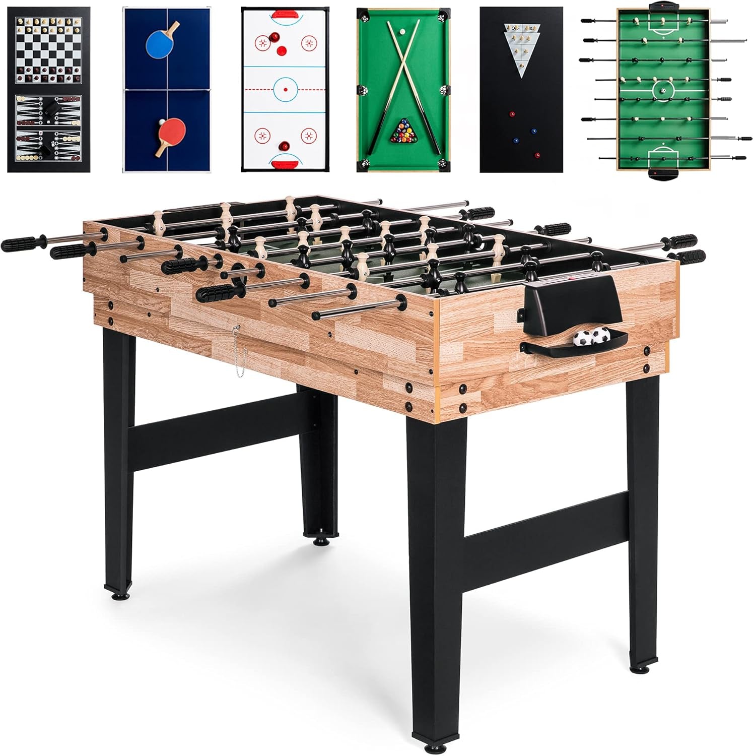 Three-quarter view of a light wood–finished foosball table with black legs and green playing field, game icons above.