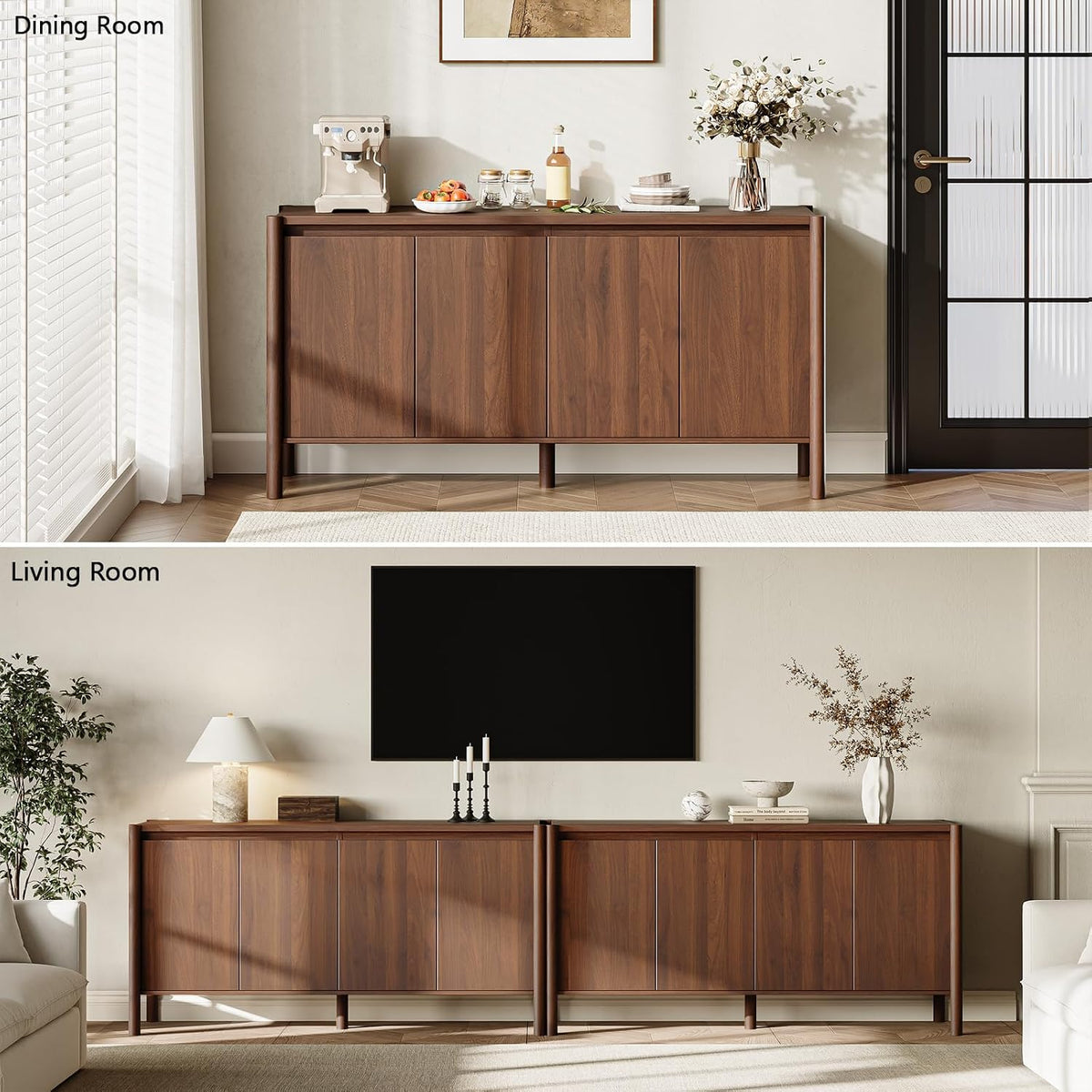 Two interior scenes showing the walnut buffet styled in a dining room and a living room setting