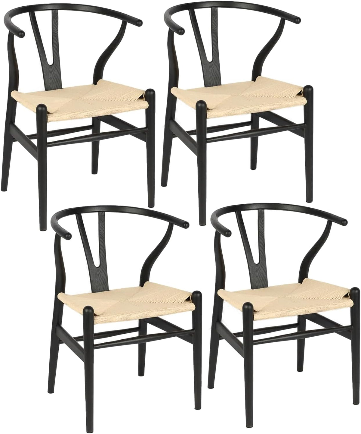 Four black-framed wishbone chairs with woven natural seats arranged on a white background.