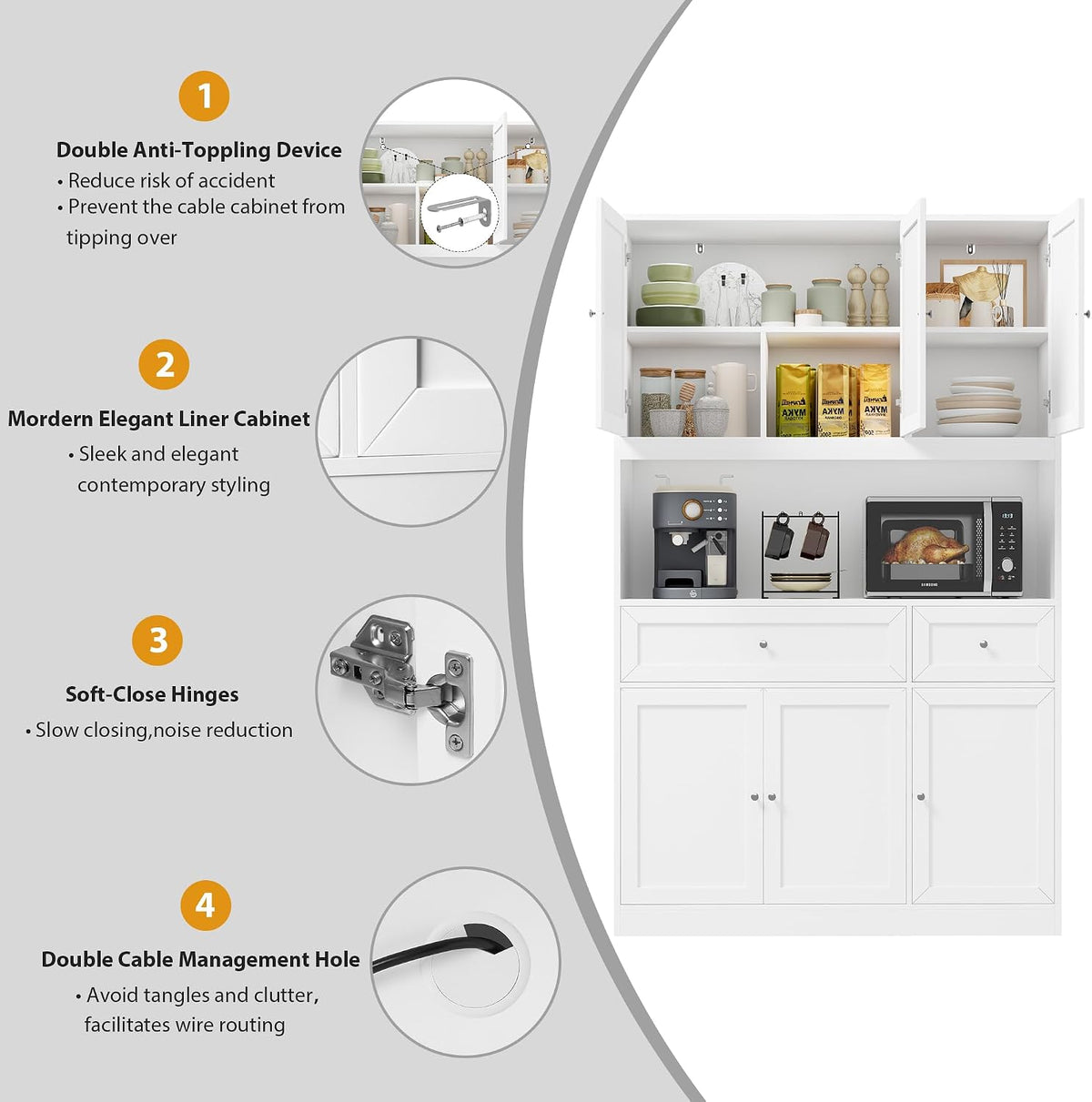 Feature panel highlighting anti-tipping devices, soft-close hinges, silver handles, and double cable-management holes