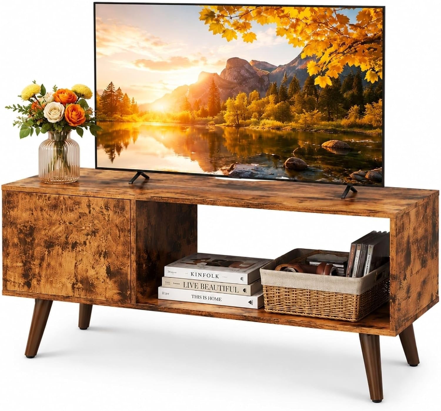 Rectangular wood-tone console styled as TV stand with open cubby, closed side compartment and tapered legs