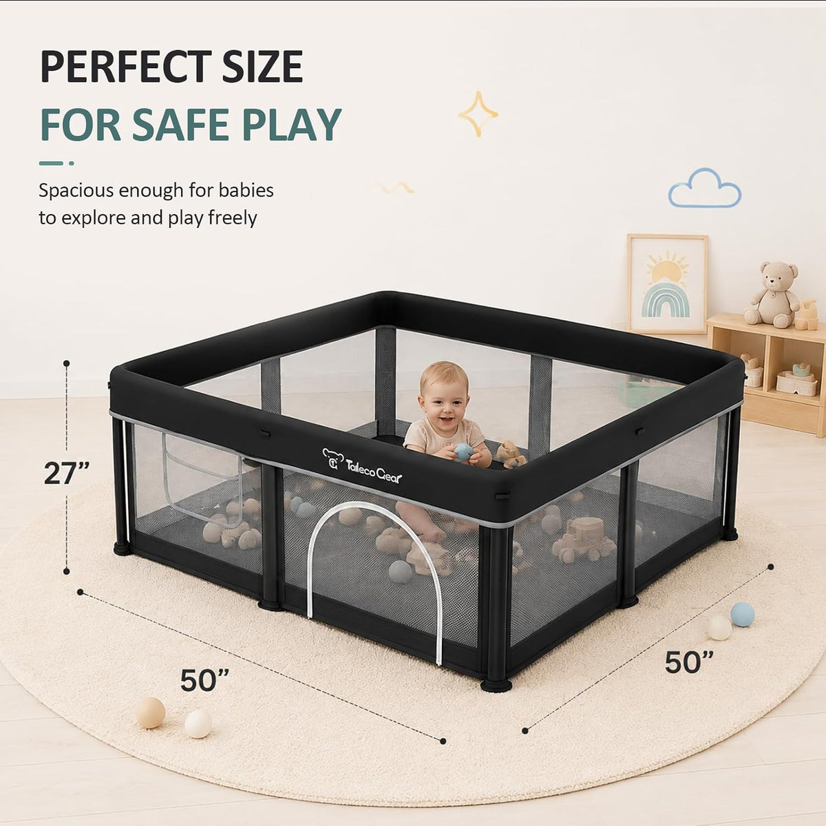 Front-angle view of a square black mesh playpen on a round rug showing the arched zip doorway and a baby inside.