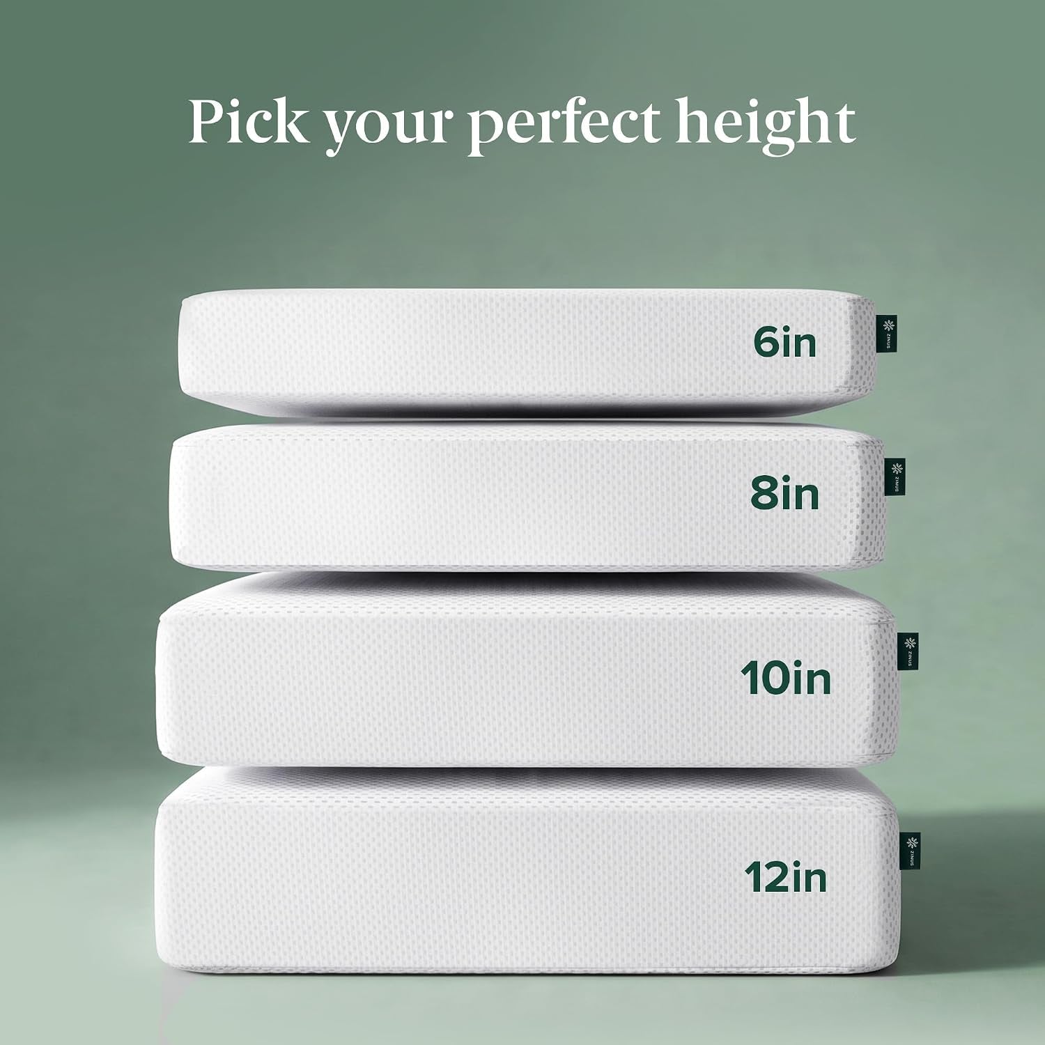 Four white mattress stacks shown one atop another labeled with different heights