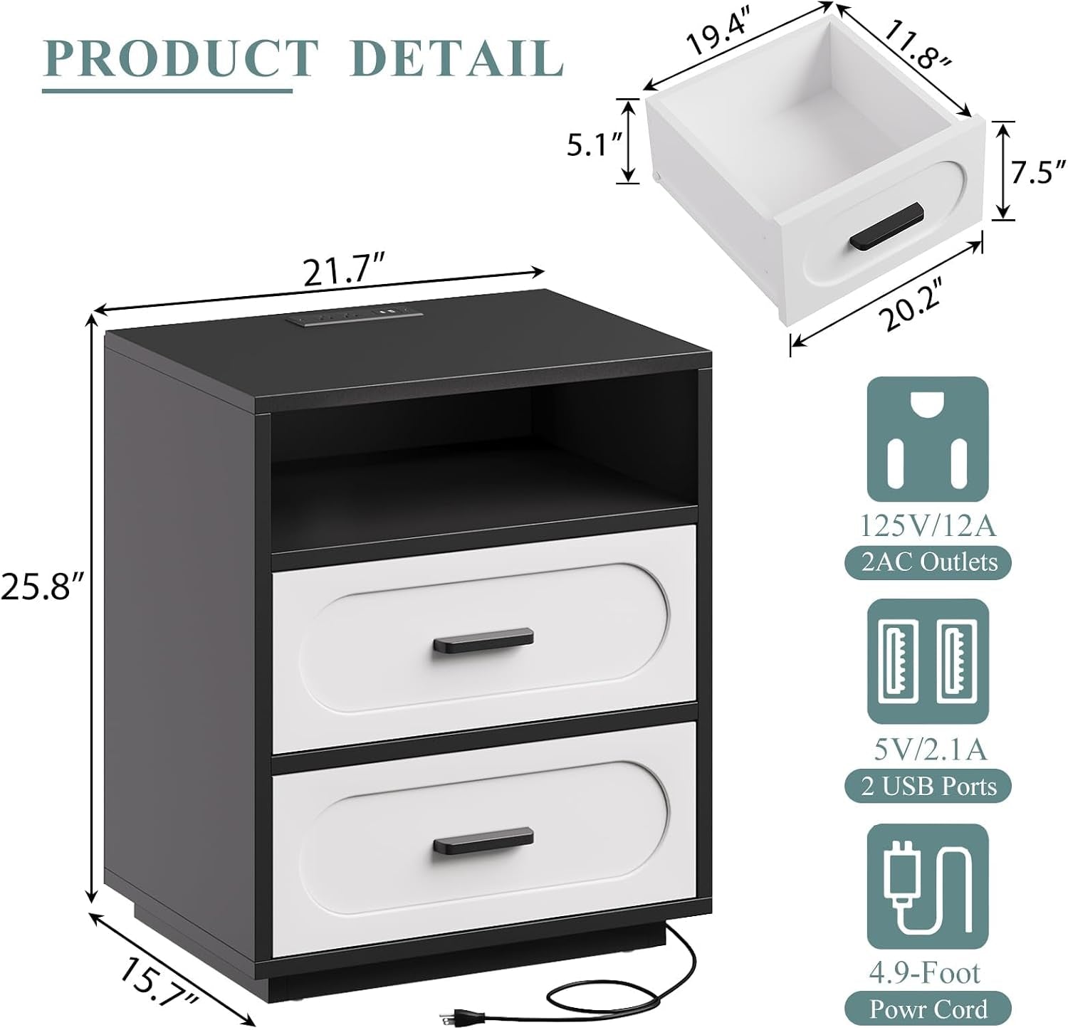 Diagram showing nightstand dimensions 15.7" D x 21.7" W x 25.8" H and drawer measurements with power icons