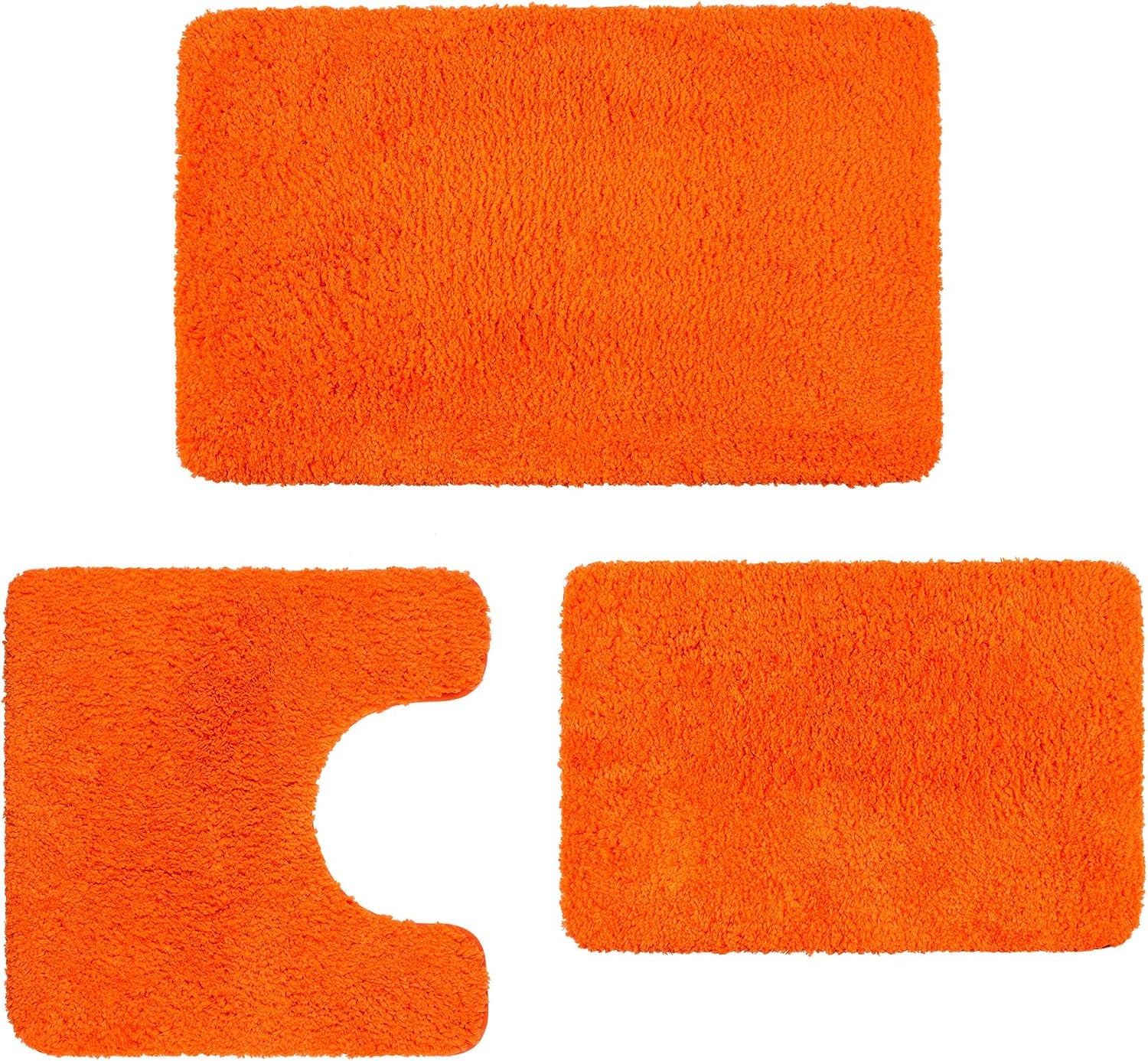 Three-piece bright orange bathroom rug set laid flat, including rectangular mats and U-shaped toilet rug on white