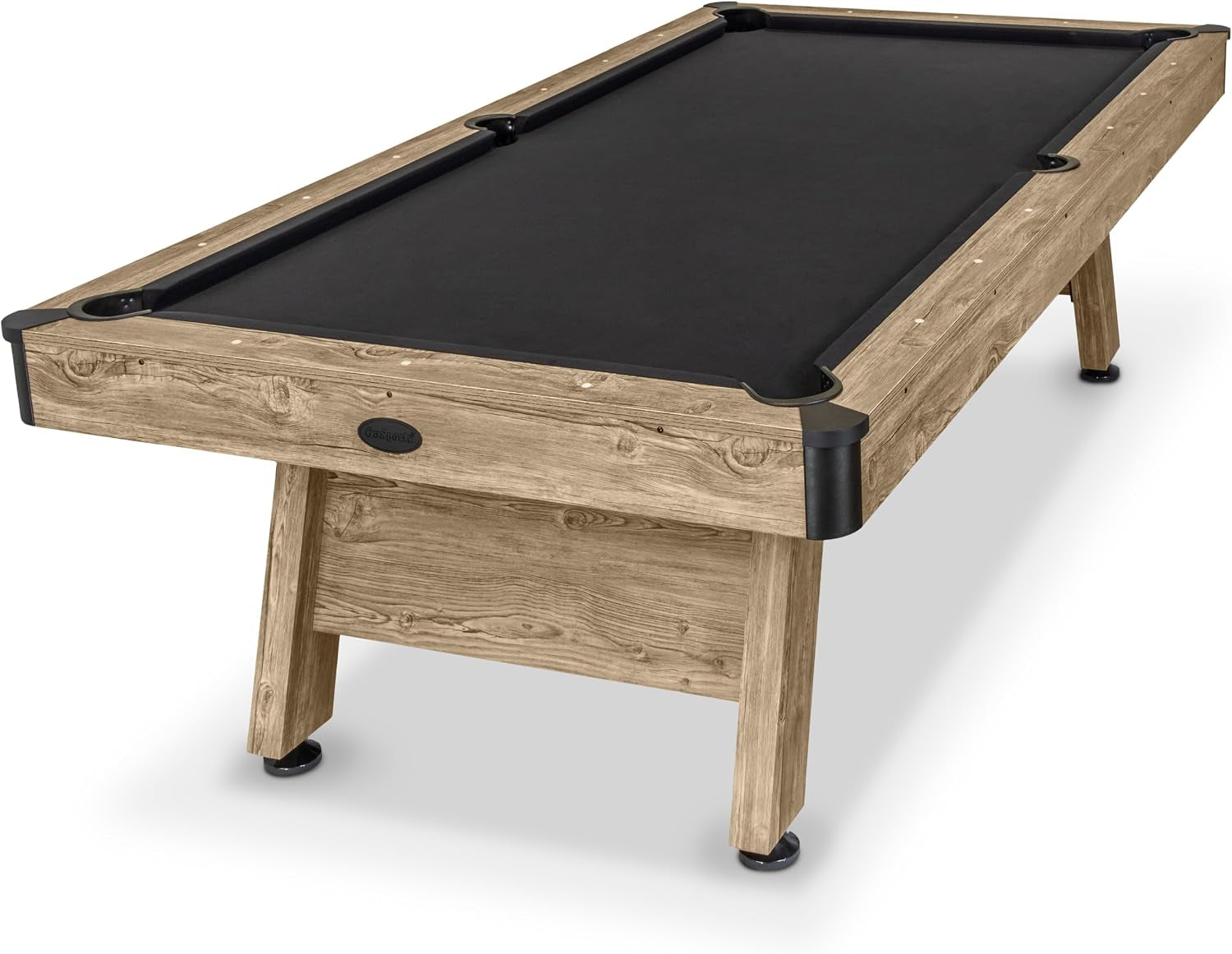 Three-quarter view of a light wood pool table with black felt and black plastic corner trims.