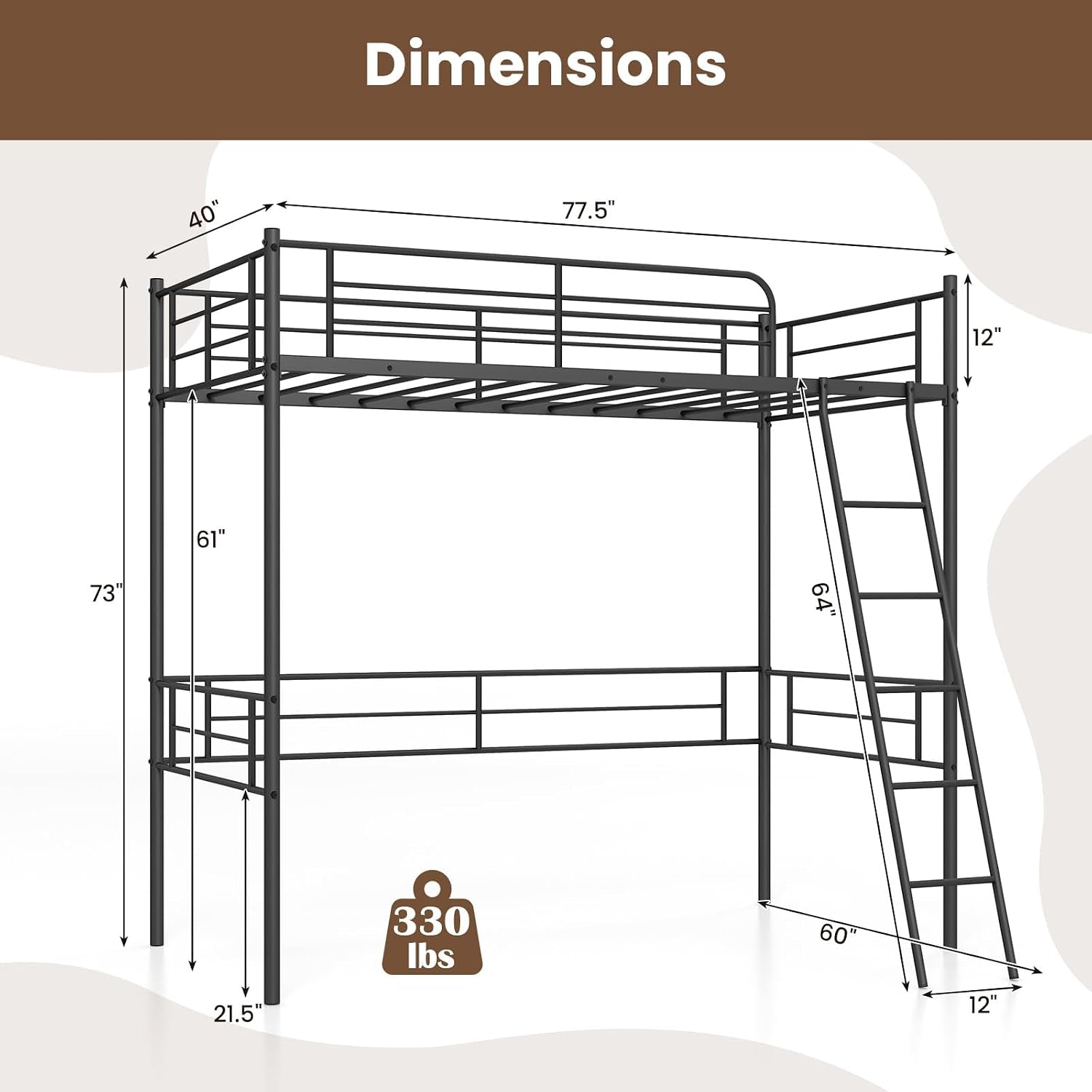 Technical diagram of the black loft bed showing overall frame, ladder angle, and dimension arrows.